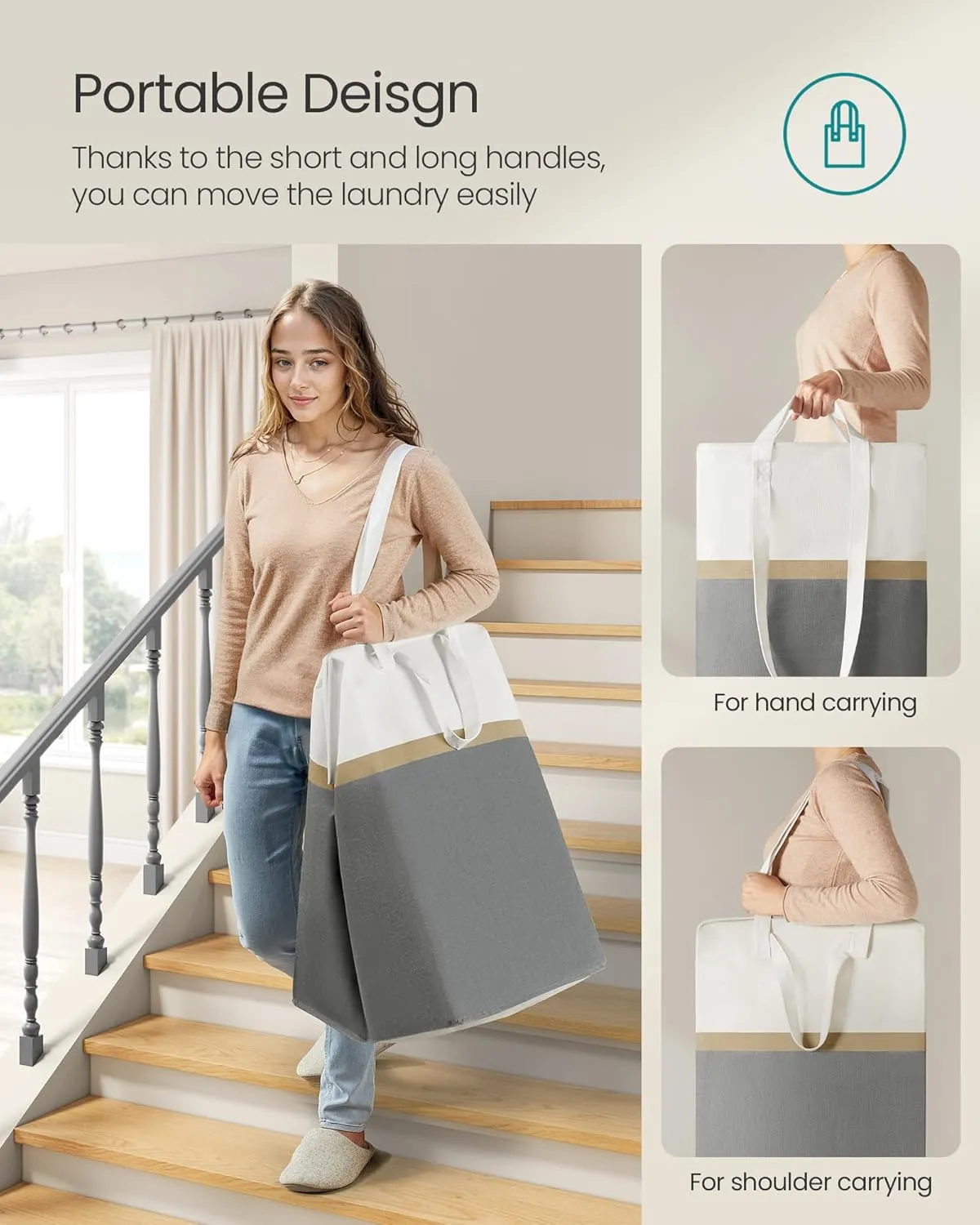 SONGMICS Set of 2 Laundry Basket, 110 L Foldable Laundry Hamper, Clothes Hamper Bag with Short and Long Handles, Easy to Transport and Clean, Freestanding, for Bedroom, Bathroom, Slate Gray ULCB210G01