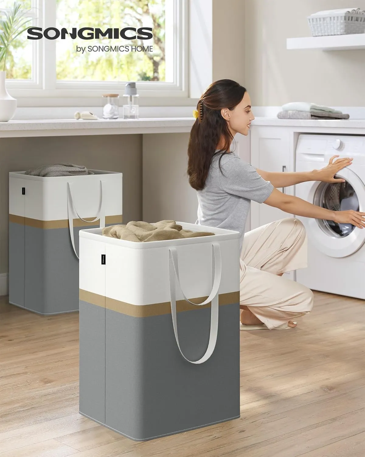 SONGMICS Set of 2 Laundry Basket, 110 L Foldable Laundry Hamper, Clothes Hamper Bag with Short and Long Handles, Easy to Transport and Clean, Freestanding, for Bedroom, Bathroom, Slate Gray ULCB210G01