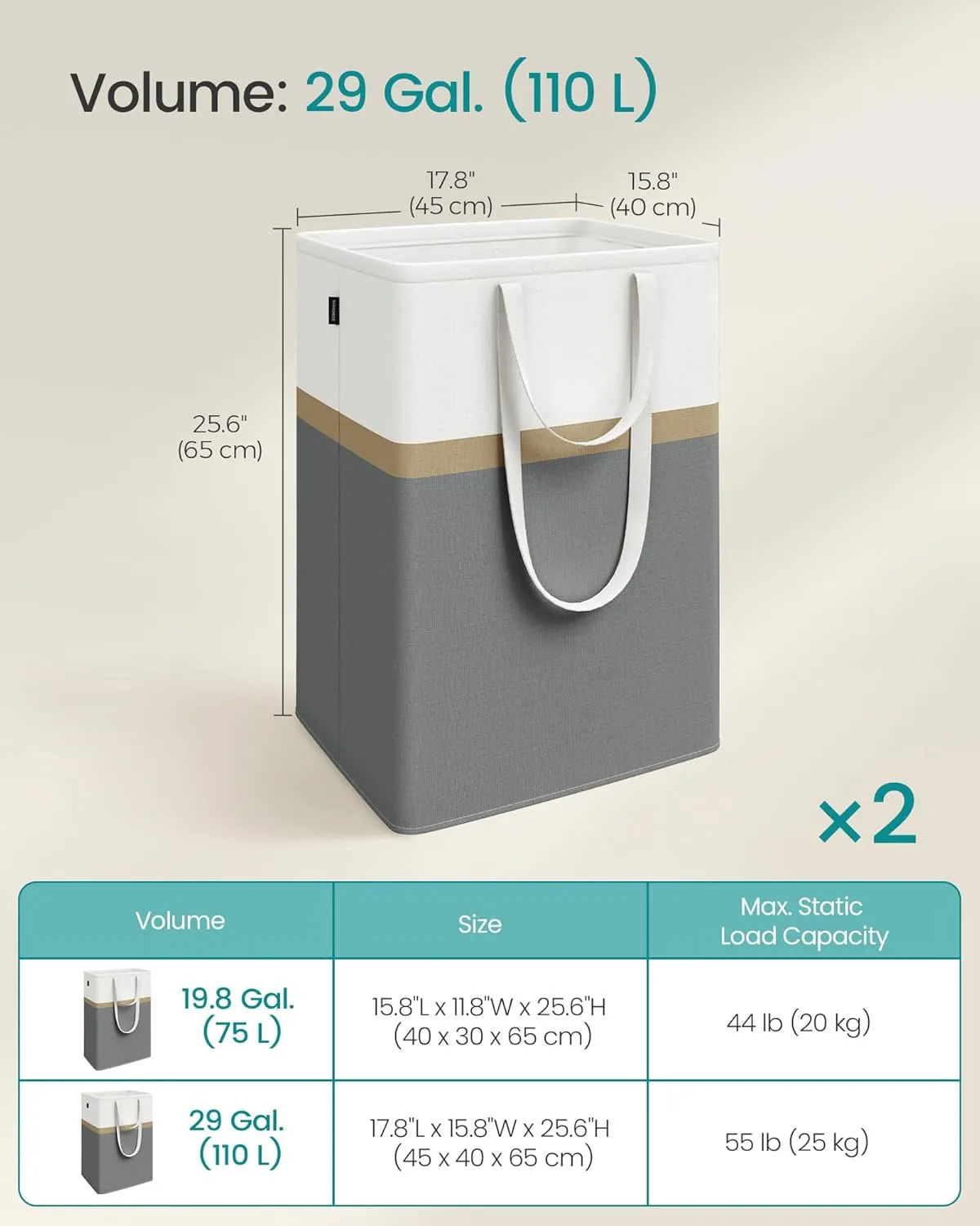 SONGMICS Set of 2 Laundry Basket, 110 L Foldable Laundry Hamper, Clothes Hamper Bag with Short and Long Handles, Easy to Transport and Clean, Freestanding, for Bedroom, Bathroom, Slate Gray ULCB210G01