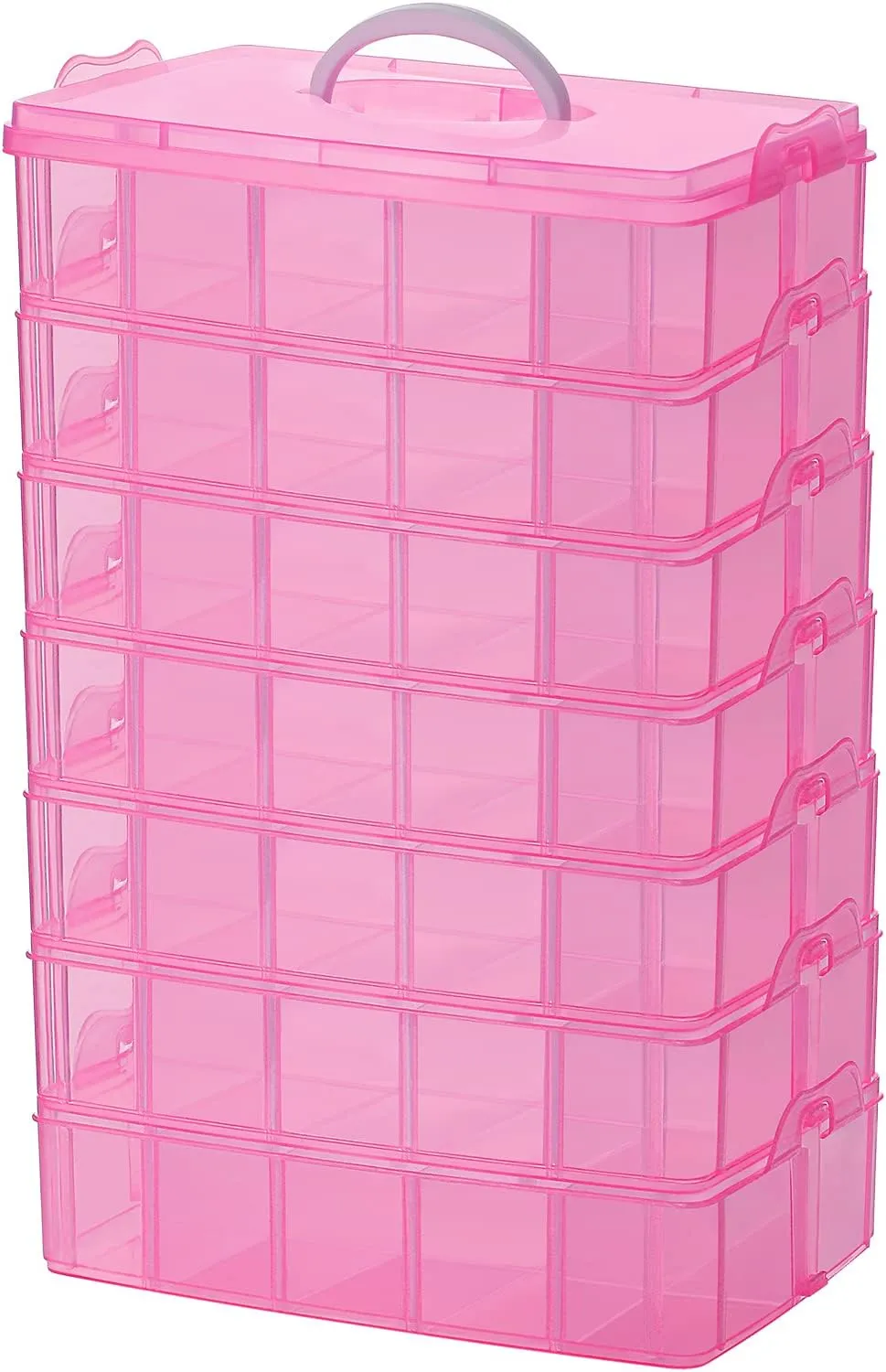 Sooyee 7 Layers Stackable Storage Container, 70 Adjustable Compartments Stackable Storage Container for Kids Toys, Art Crafts, Jewelry, Supplies, Mini Case & Letter Sticker Included,Pink