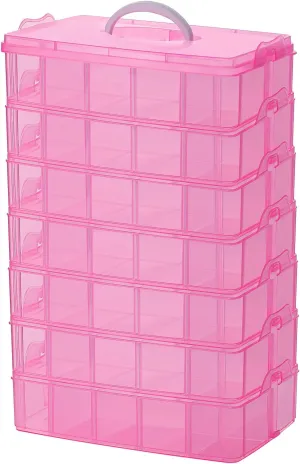 Sooyee 7 Layers Stackable Storage Container, 70 Adjustable Compartments Stackable Storage Container for Kids Toys, Art Crafts, Jewelry, Supplies, Mini Case & Letter Sticker Included,Pink