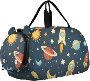 Space Theme Duffle Bag for Girl, Sports Duffle Gym Bags with Shoe Compartment, Personalized Overnight Bag Travel Weekender for Kids