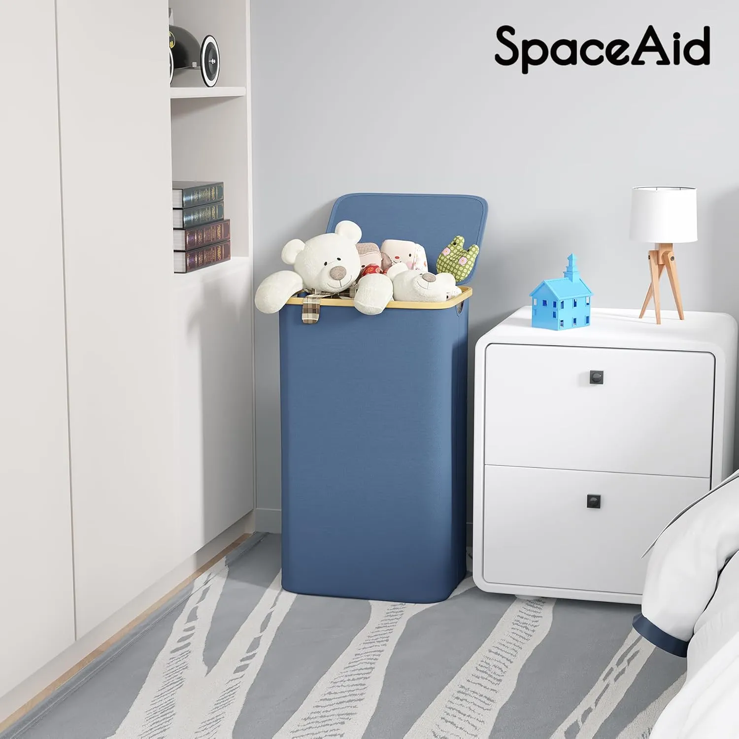 SpaceAid Laundry Hamper with Lid, 110L Large Tall Clothes Basket Bin with Bamboo Handles, Collapsible Laundry Hamper for Bedroom, Bathroom, Dorm, Laundry Room - Blue