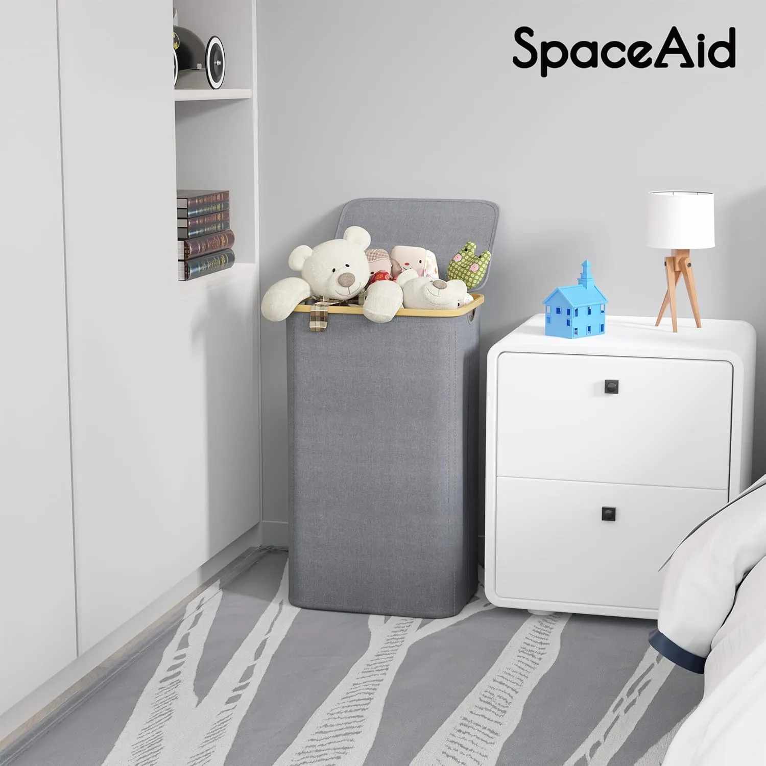 SpaceAid Laundry Hamper with Lid, 110L Large Tall Clothes Basket Bin with Bamboo Handles, Collapsible Laundry Hamper for Bedroom, Bathroom, Dorm, Laundry Room - Grey