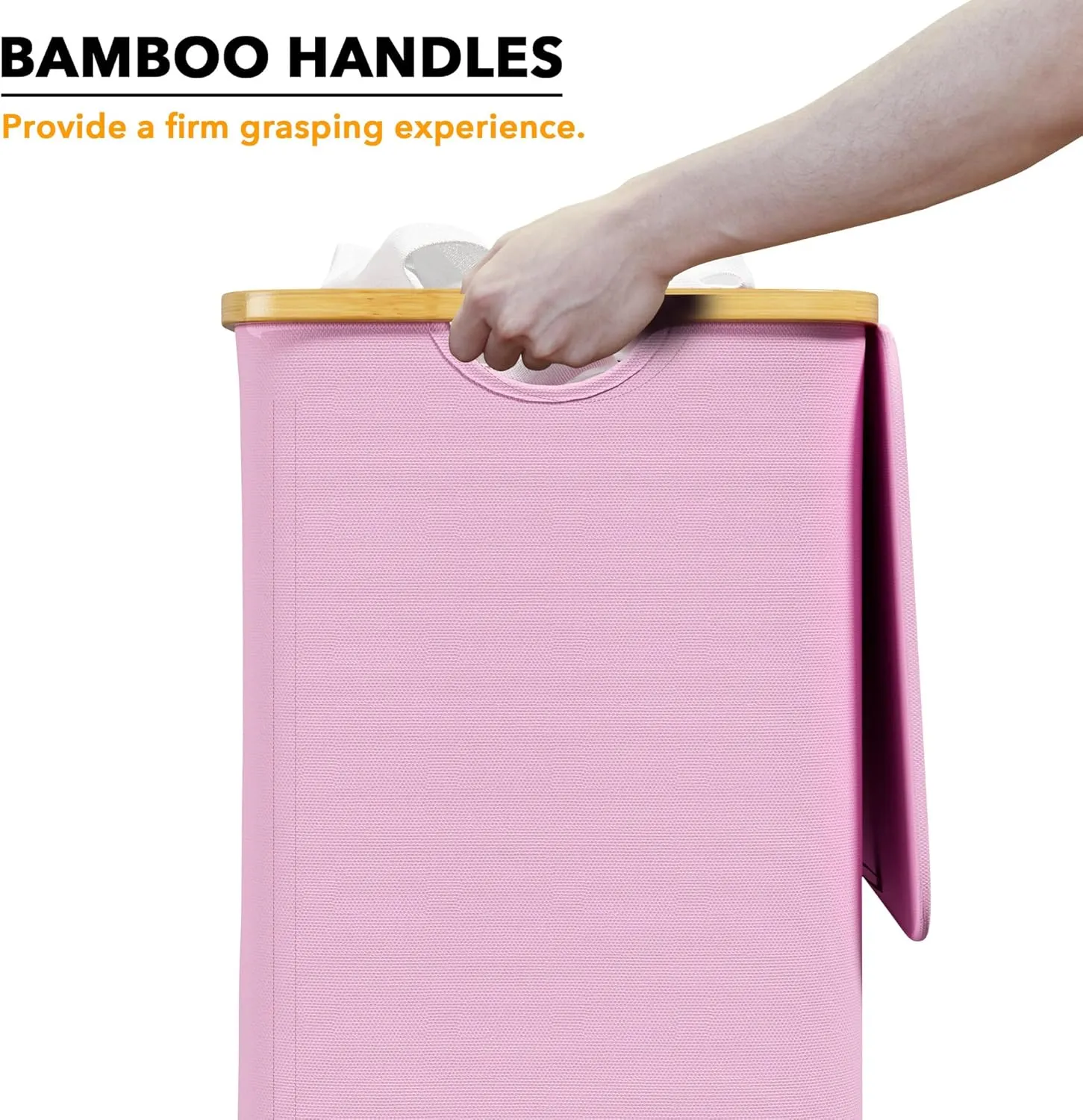 SpaceAid Laundry Hamper with Lid, 110L Large Tall Clothes Basket Bin with Bamboo Handles, Collapsible Laundry Hamper for Bedroom, Bathroom, Dorm, Laundry Room - Pink
