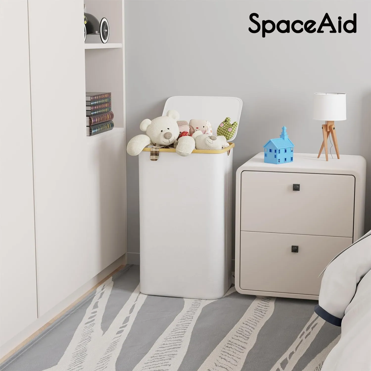 SpaceAid Laundry Hamper with Lid, 110L Large Tall Clothes Basket Bin with Bamboo Handles, Collapsible Laundry Hamper for Bedroom, Bathroom, Dorm, Laundry Room - White