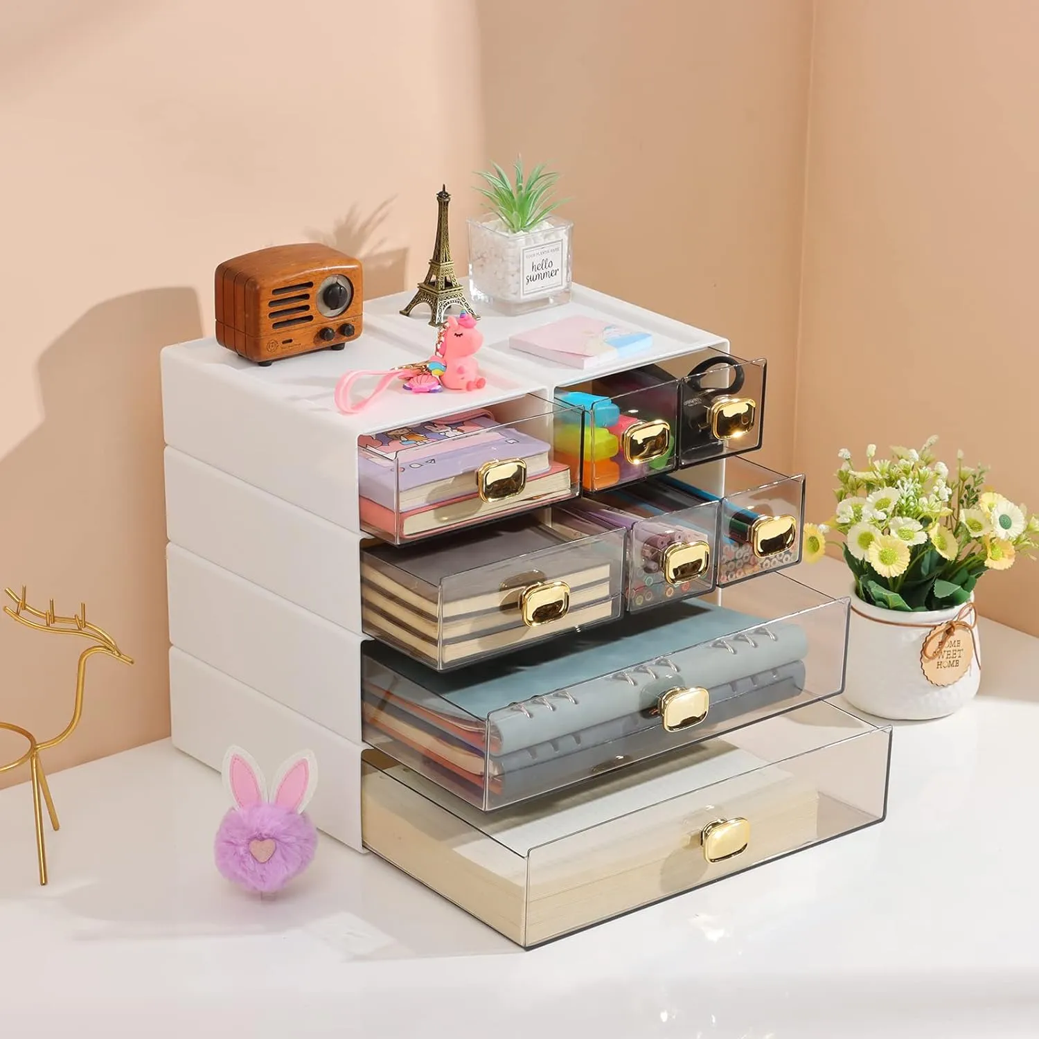 Spacious Desktop Storage Box, 1 Large Storage Drawer, Stackable Office Desk Drawer Organizer and Accessories, Printer Paper Organizer, White Plastic Drawers for Workspace & Home