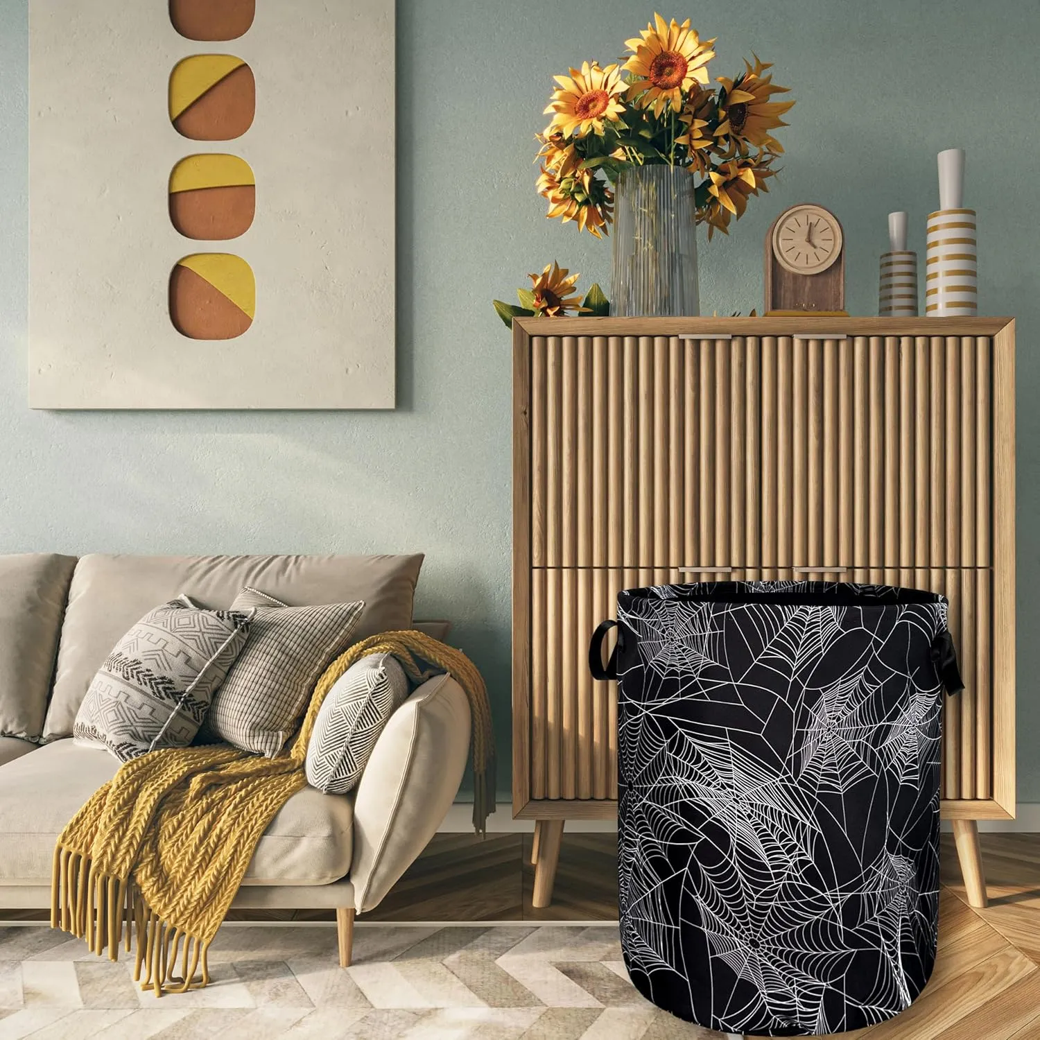 Spider Web Laundry Hamper Funny Halloween Laundry Basket With Handles Foldable Oxford Cloth Colorful Tote Bag Clothes Toy Storage Bucket 18.9" x 16.5" For Bathroom/Laundry/Bedroom