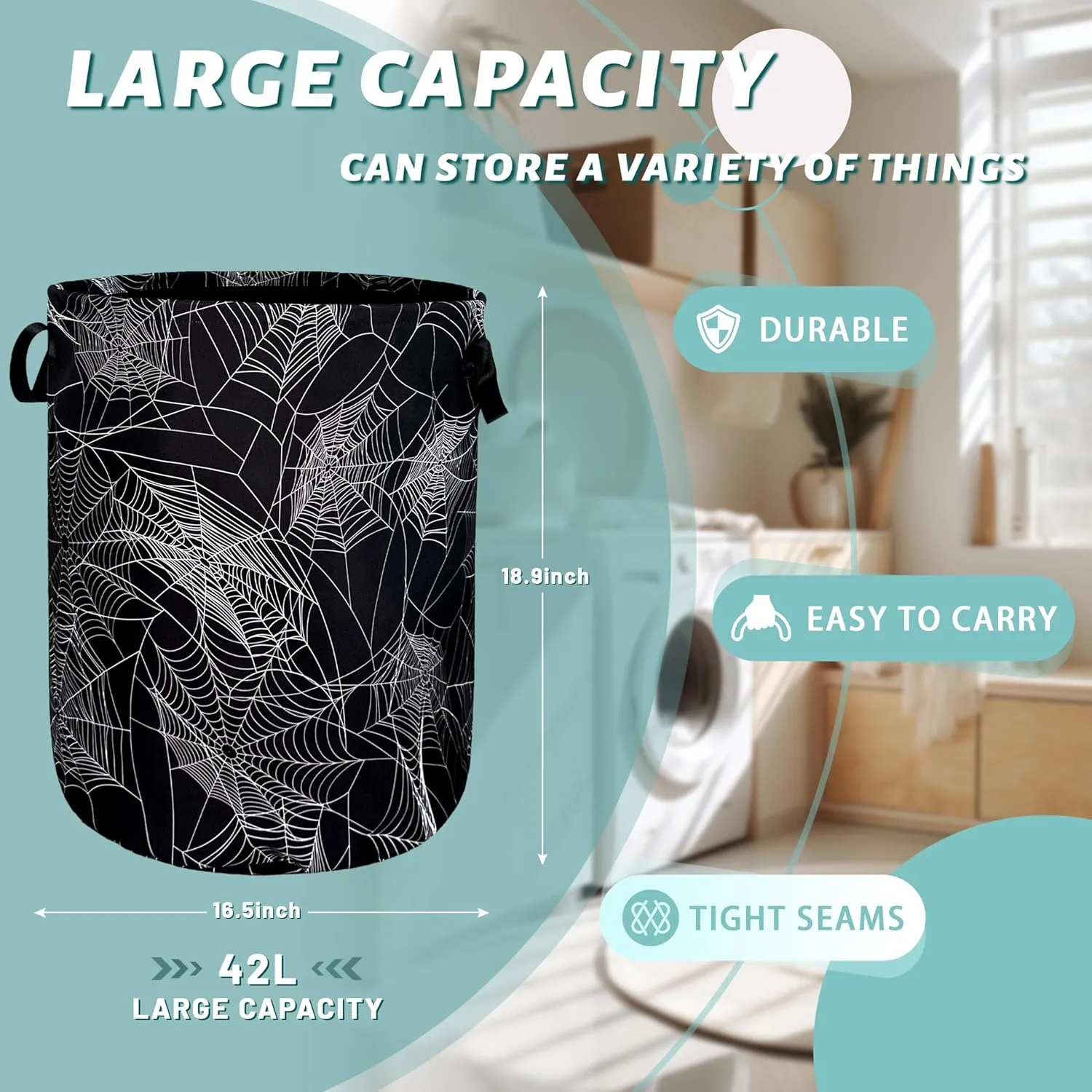 Spider Web Laundry Hamper Funny Halloween Laundry Basket With Handles Foldable Oxford Cloth Colorful Tote Bag Clothes Toy Storage Bucket 18.9" x 16.5" For Bathroom/Laundry/Bedroom