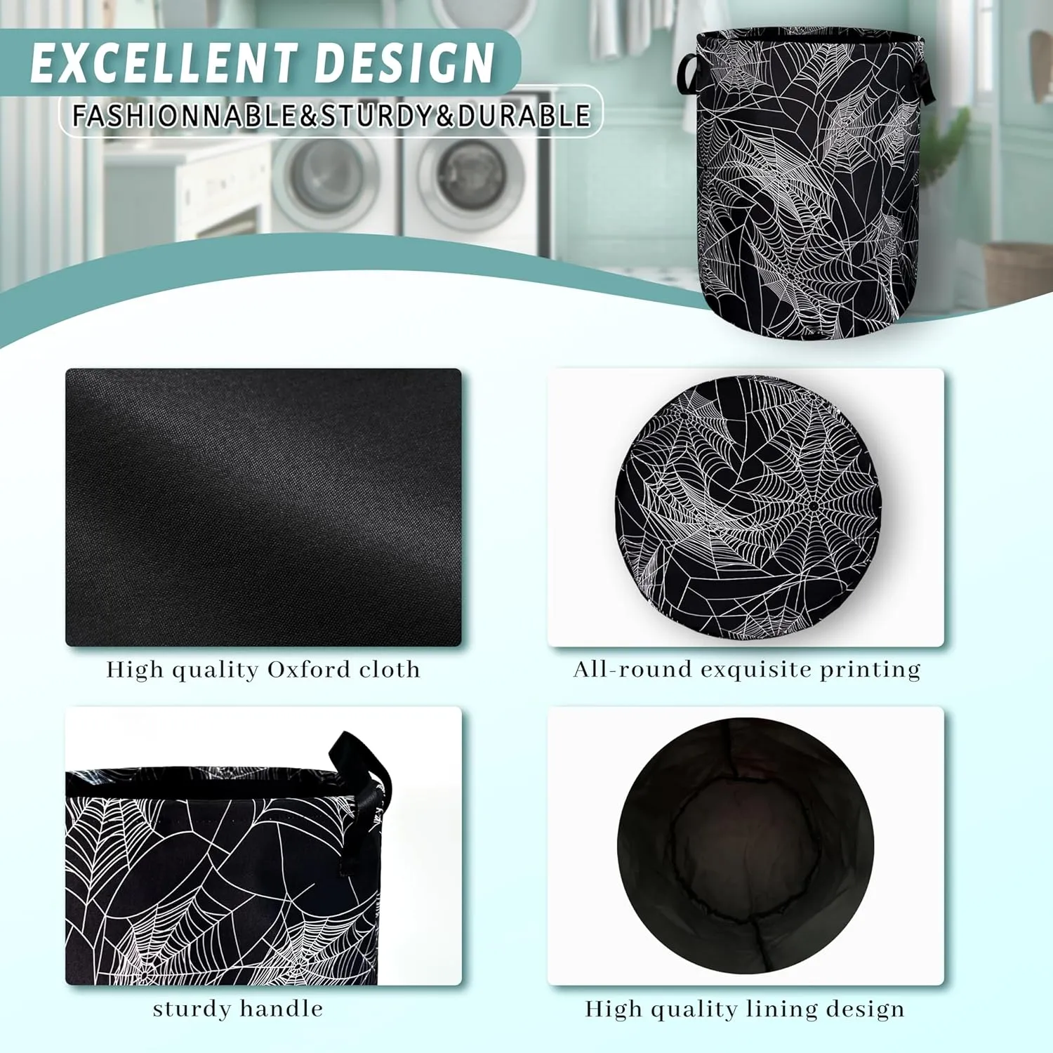 Spider Web Laundry Hamper Funny Halloween Laundry Basket With Handles Foldable Oxford Cloth Colorful Tote Bag Clothes Toy Storage Bucket 18.9" x 16.5" For Bathroom/Laundry/Bedroom