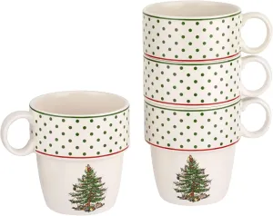 Spode Christmas Tree Polka Dot Stackable Mugs, Set of 4 - Festive 10oz Mugs for Hot Chocolate and Coffee, Space-Saving Design, Dishwasher, Microwave, Freezer Safe - Fine Earthenware Holiday Mugs