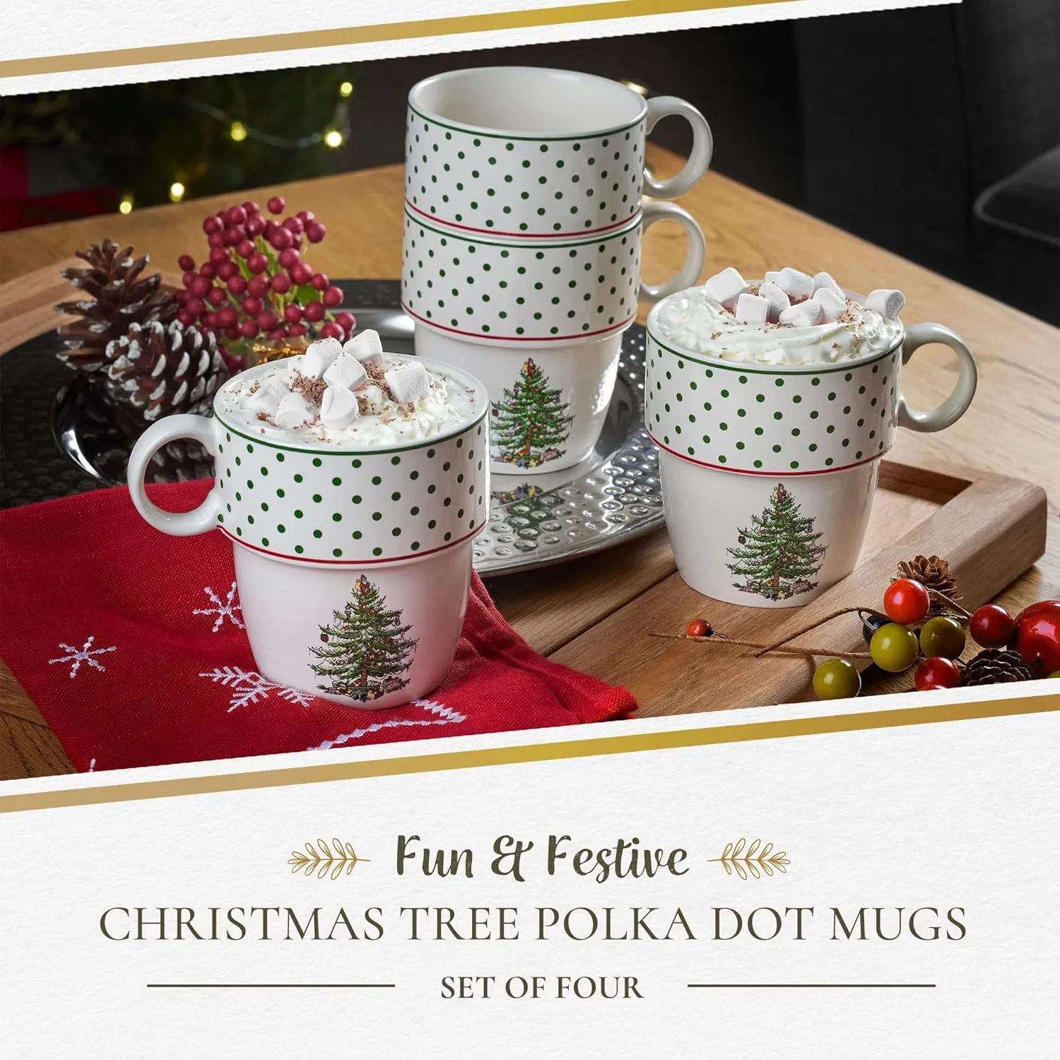 Spode Christmas Tree Polka Dot Stackable Mugs, Set of 4 - Festive 10oz Mugs for Hot Chocolate and Coffee, Space-Saving Design, Dishwasher, Microwave, Freezer Safe - Fine Earthenware Holiday Mugs