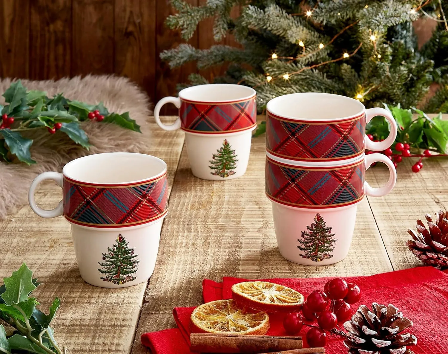 Spode Christmas Tree Tartan Stacking Mugs, Set of 4 - Festive Tartan Design Coffee Cups, 10oz Earthenware Mugs for Holidays, Colorful and Fun Stackable Mugs, Great Gift for Seasonal Celebrations