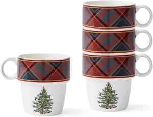 Spode Christmas Tree Tartan Stacking Mugs, Set of 4 - Festive Tartan Design Coffee Cups, 10oz Earthenware Mugs for Holidays, Colorful and Fun Stackable Mugs, Great Gift for Seasonal Celebrations