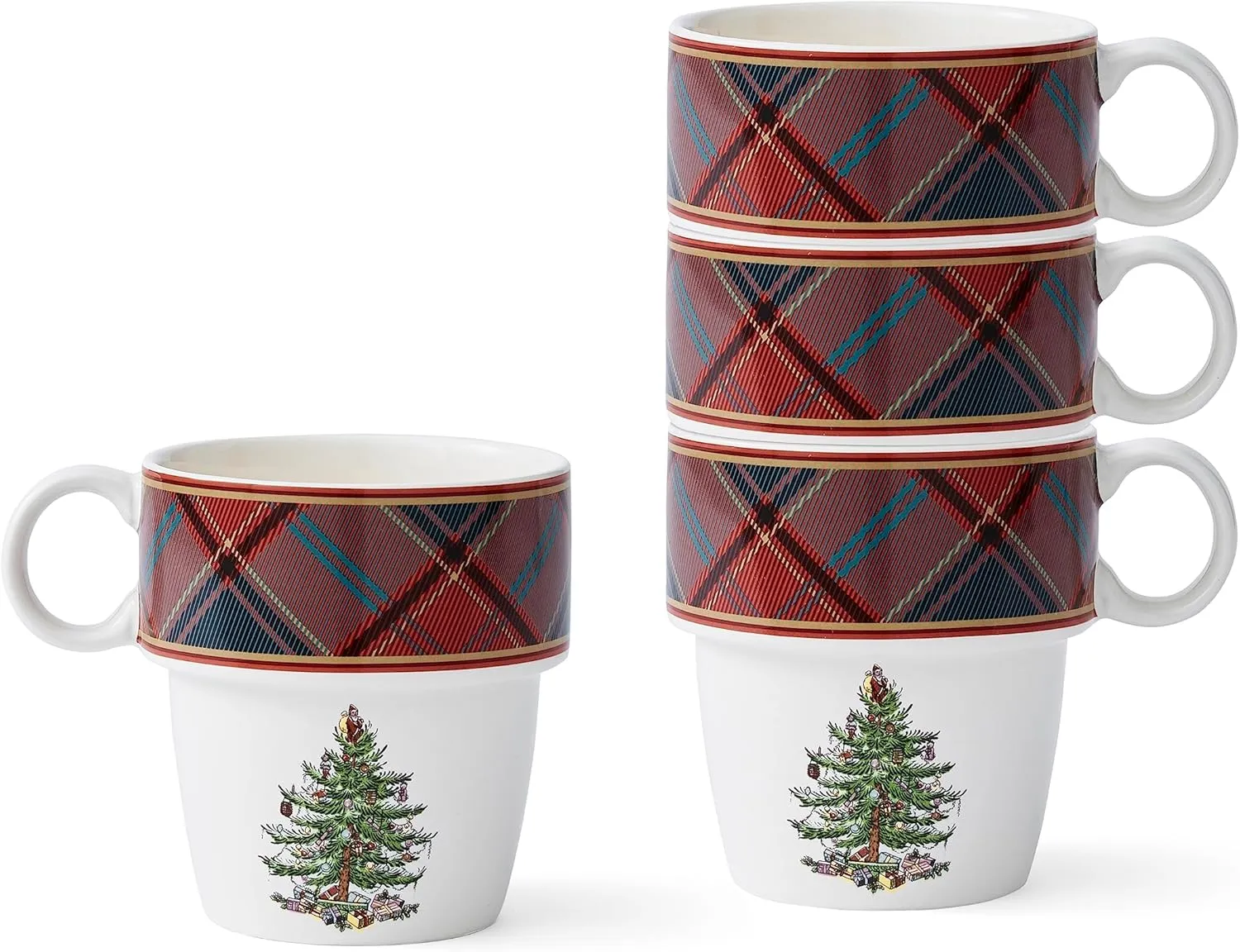 Spode Christmas Tree Tartan Stacking Mugs, Set of 4 - Festive Tartan Design Coffee Cups, 10oz Earthenware Mugs for Holidays, Colorful and Fun Stackable Mugs, Great Gift for Seasonal Celebrations