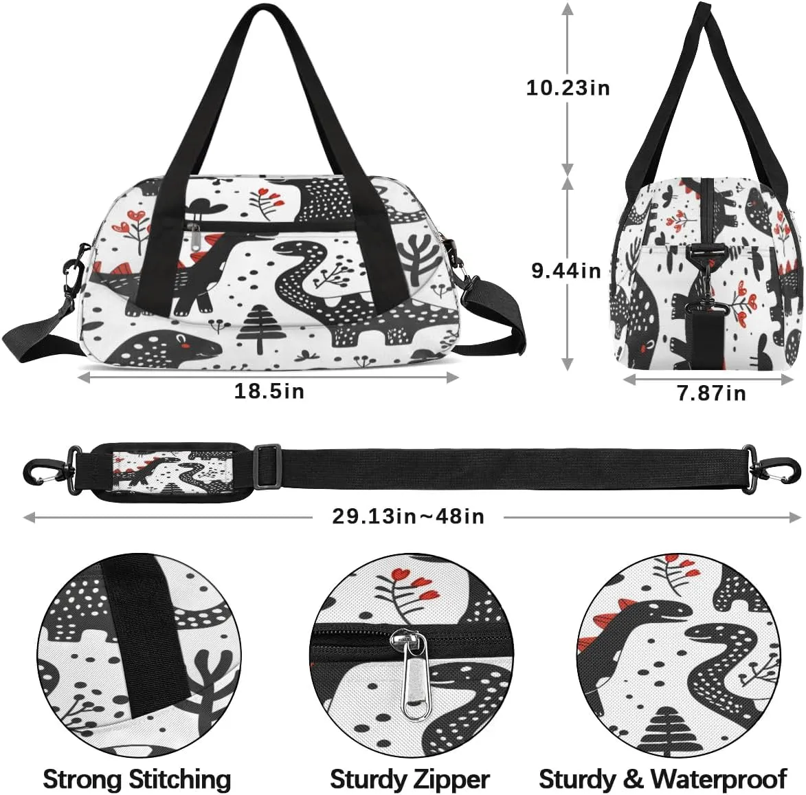 Sport Duffel Bag Black Dinosaurs Kids Gym Bag Weekender Overnight Bags for Boys Girls Teens Carry On Workout Travel Bag