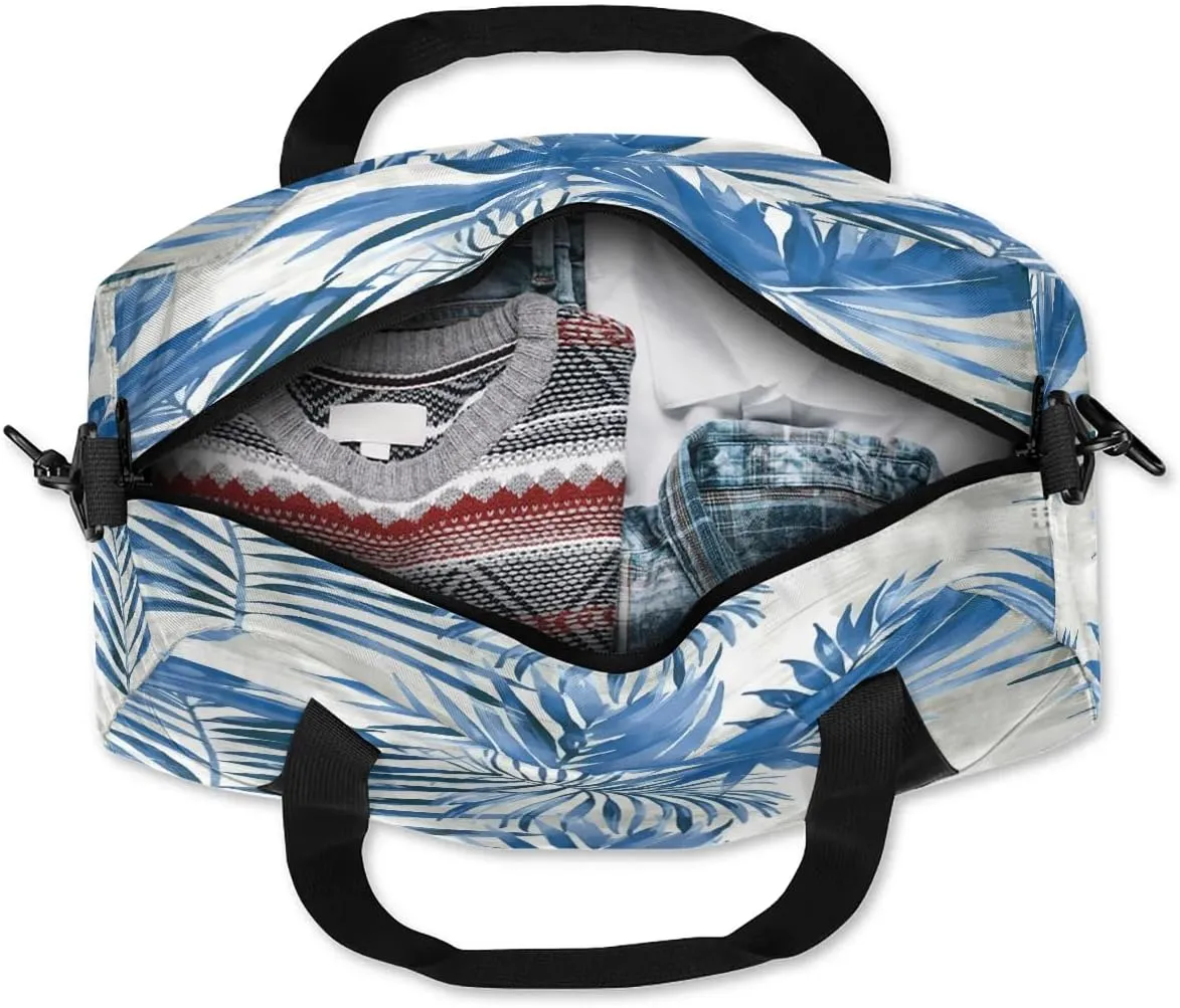 Sport Duffel Bag Blue Palm Leaves Kids Gym Bag Weekender Overnight Bags for Boys Girls Teens Carry On Workout Travel Bag