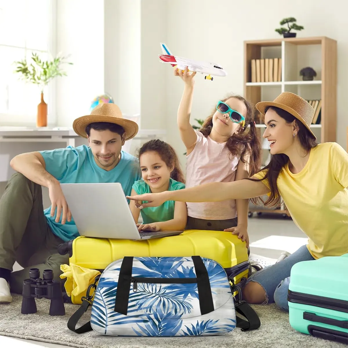 Sport Duffel Bag Blue Palm Leaves Kids Gym Bag Weekender Overnight Bags for Boys Girls Teens Carry On Workout Travel Bag