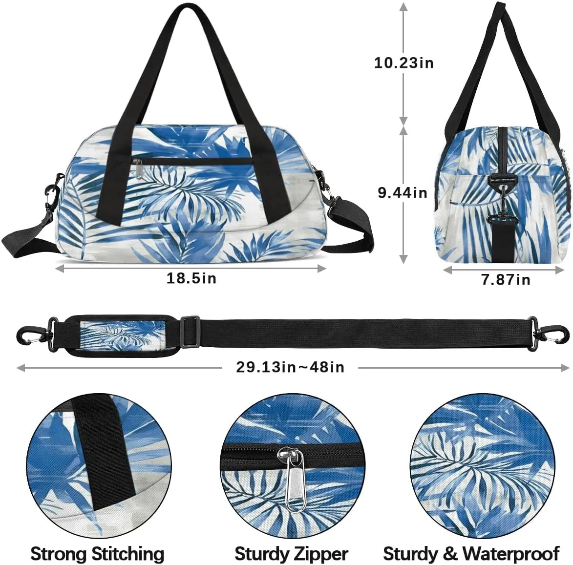 Sport Duffel Bag Blue Palm Leaves Kids Gym Bag Weekender Overnight Bags for Boys Girls Teens Carry On Workout Travel Bag