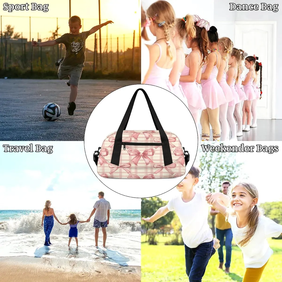 Sport Duffel Bag Bow Check Plaid Kids Gym Bag Weekender Overnight Bags for Boys Girls Teens Carry On Workout Travel Bag