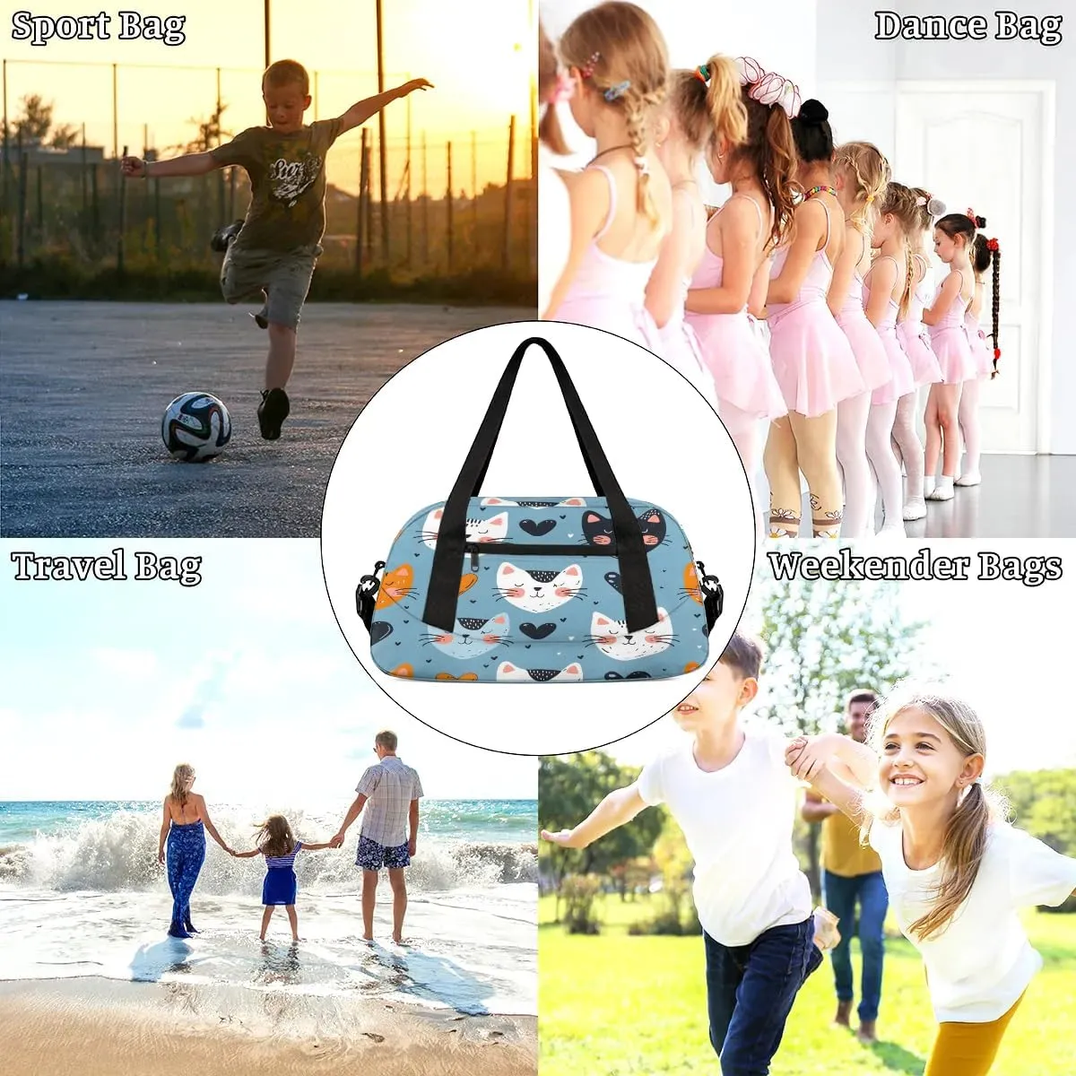 Sport Duffel Bag Cats Love Hearts Kids Gym Bag Weekender Overnight Bags for Boys Girls Teens Carry On Workout Travel Bag