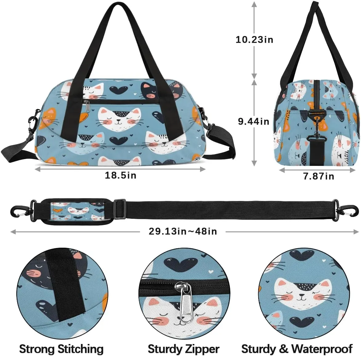 Sport Duffel Bag Cats Love Hearts Kids Gym Bag Weekender Overnight Bags for Boys Girls Teens Carry On Workout Travel Bag