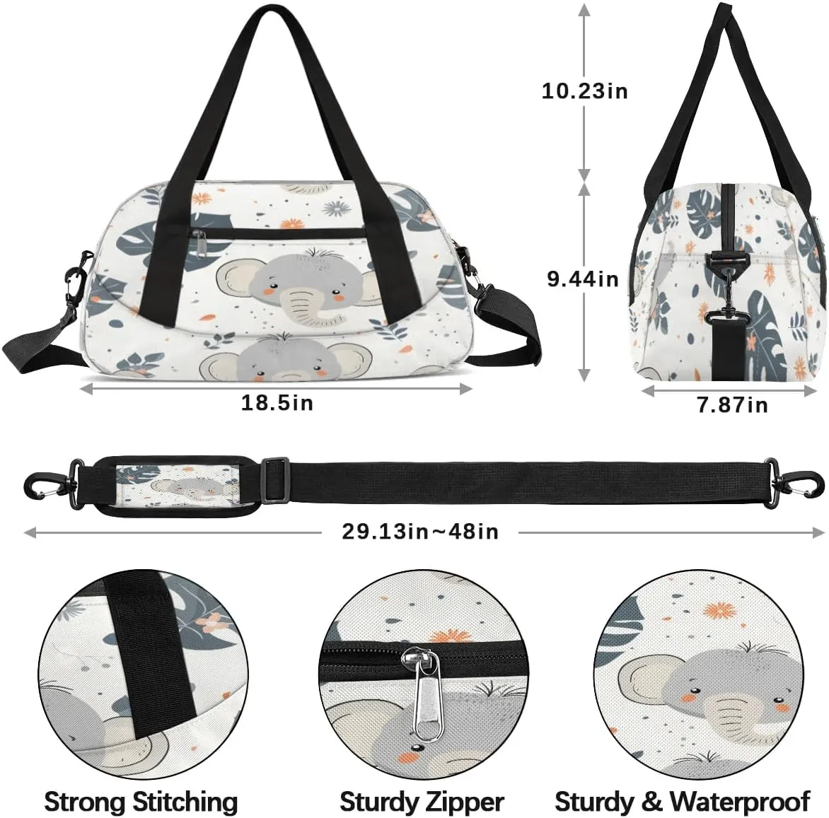 Sport Duffel Bag Elephant Fern Leaf Kids Gym Bag Weekender Overnight Bags for Boys Girls Teens Carry On Workout Travel Bag
