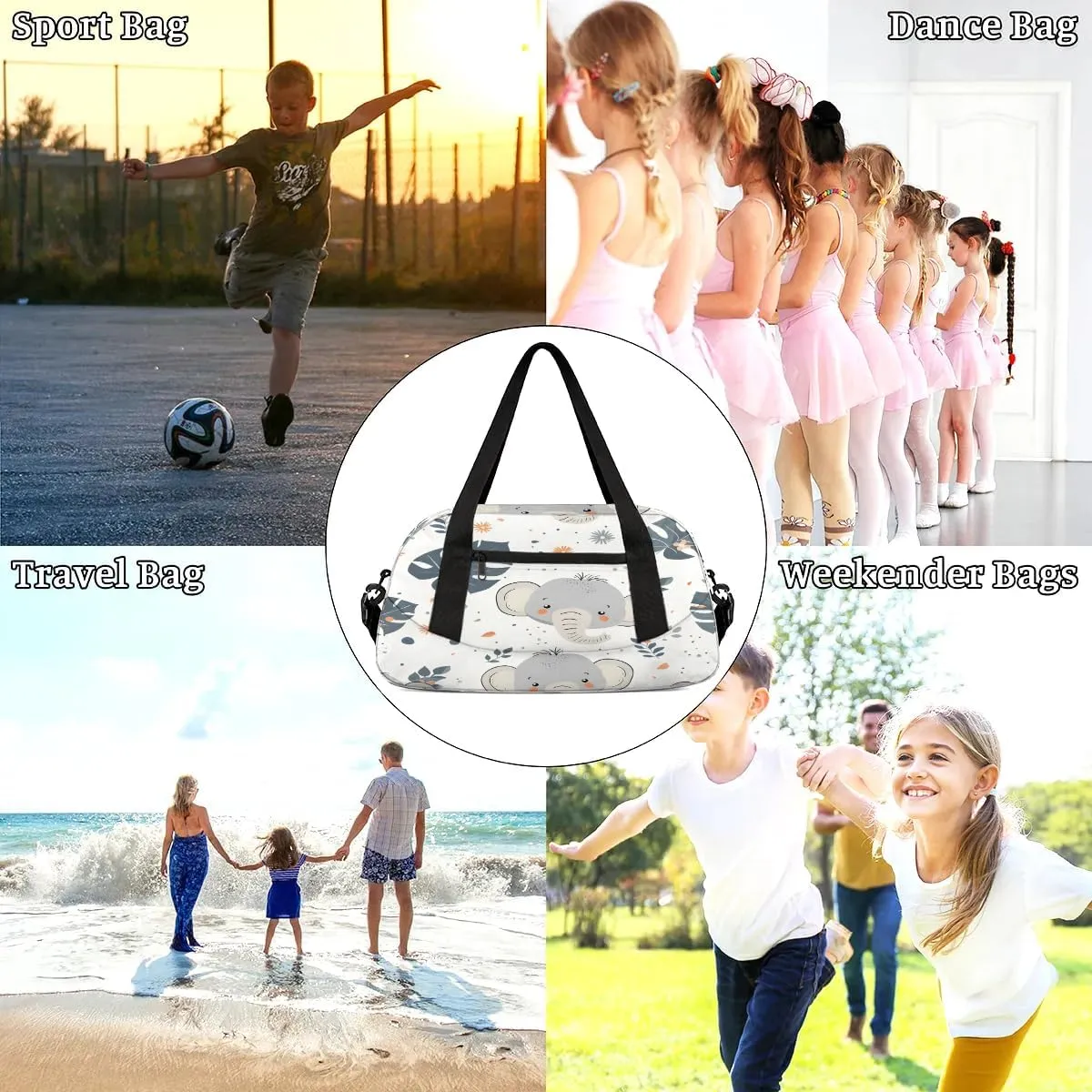Sport Duffel Bag Elephant Fern Leaf Kids Gym Bag Weekender Overnight Bags for Boys Girls Teens Carry On Workout Travel Bag