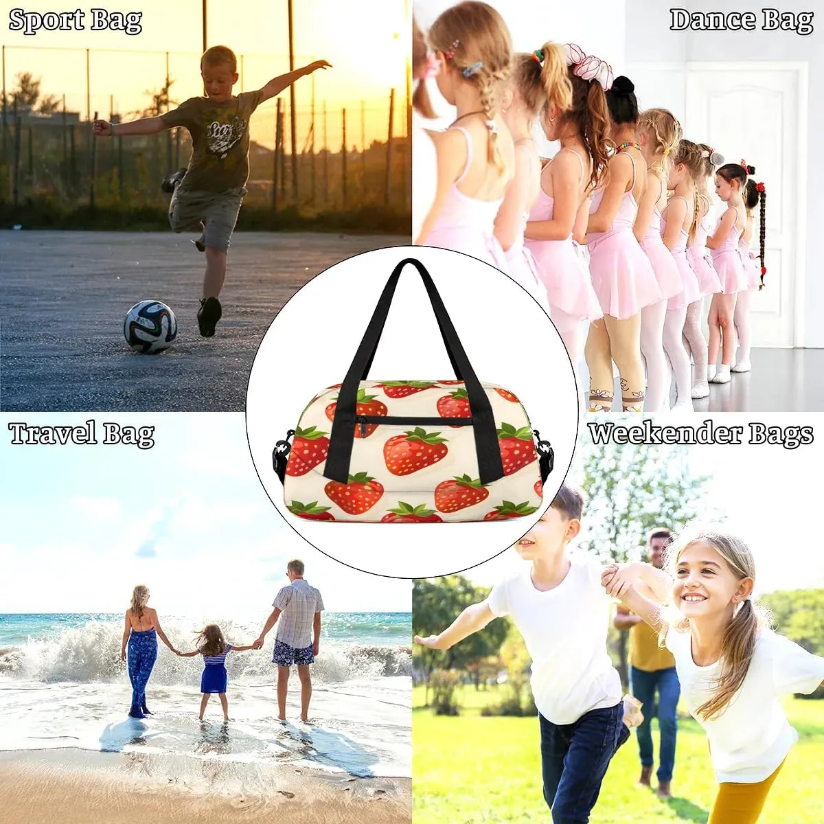 Sport Duffel Bag Fruit Strawberry Print Kids Gym Bag Weekender Overnight Bags for Boys Girls Teens Carry On Workout Travel Bag