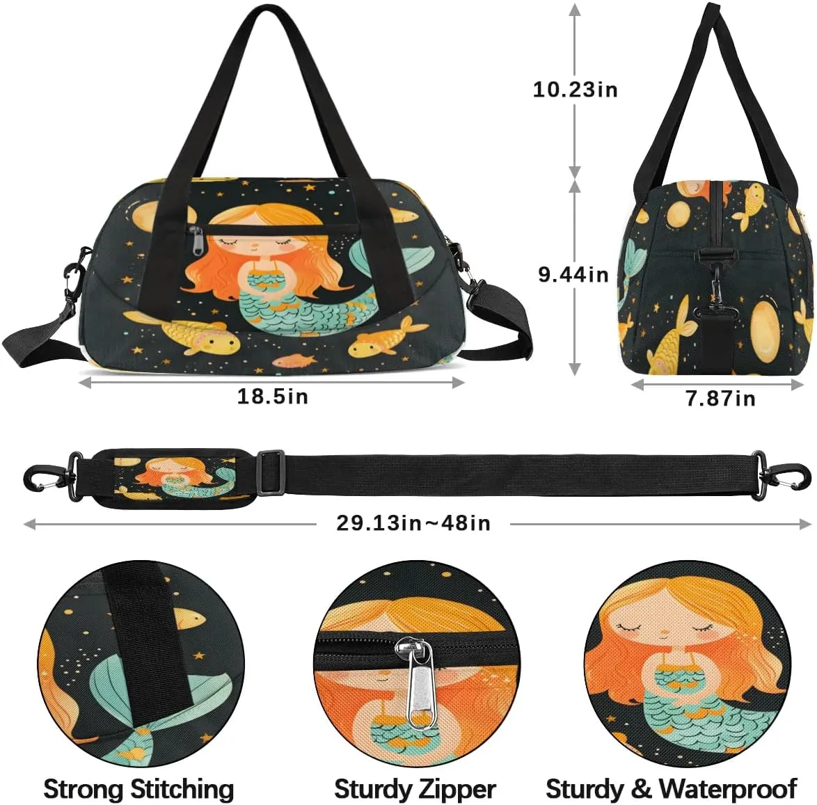 Sport Duffel Bag Mermaid Theme Kids Gym Bag Weekender Overnight Bags for Boys Girls Teens Carry On Workout Travel Bag