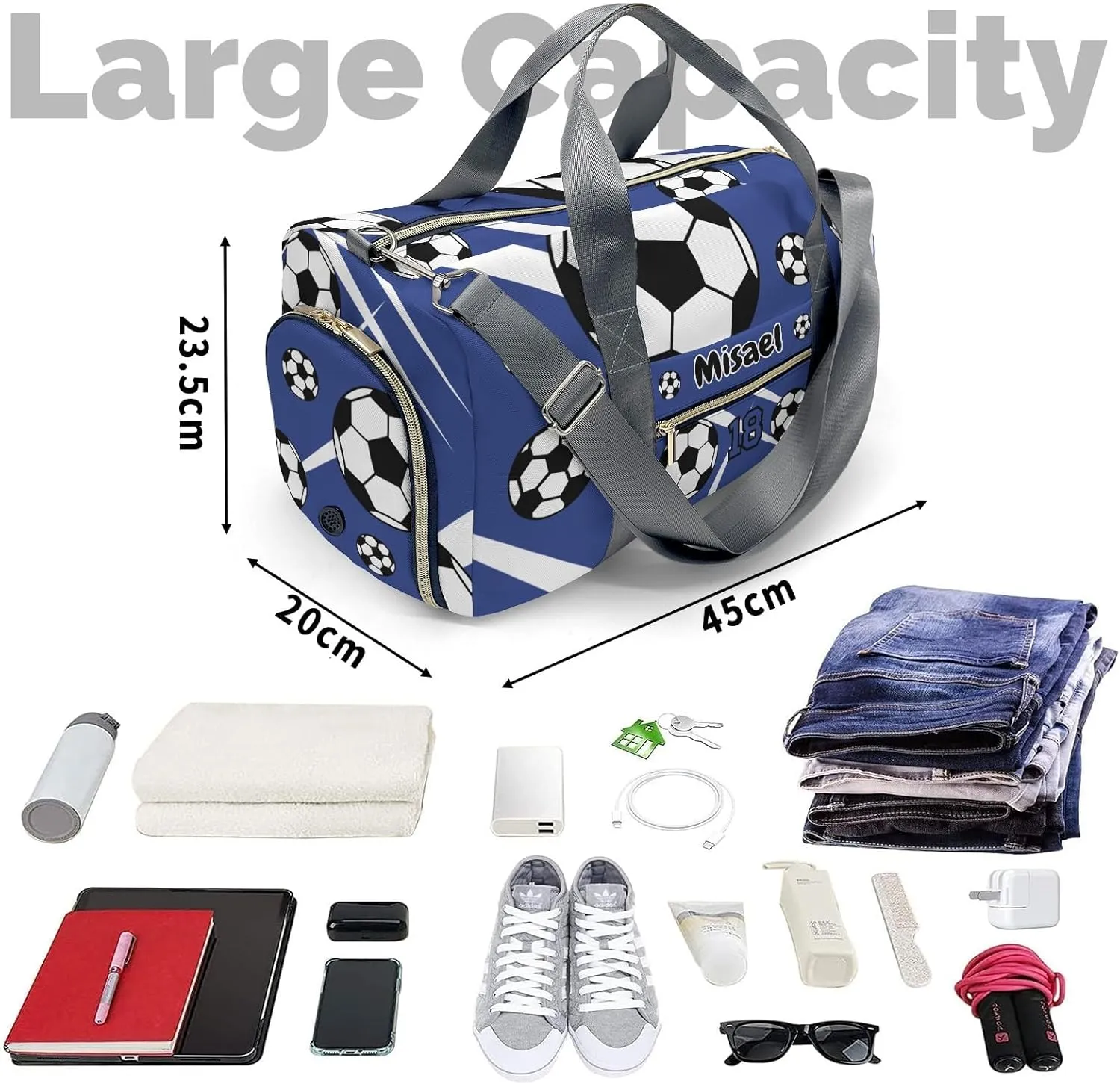 Sport Player Duffle Bag for Travel,Personalized Soccer Number Royal Carry on Bag Travel Bags Travel Duffel Bag Overnight Weekend Gym Bag Carry On Luggage Bags
