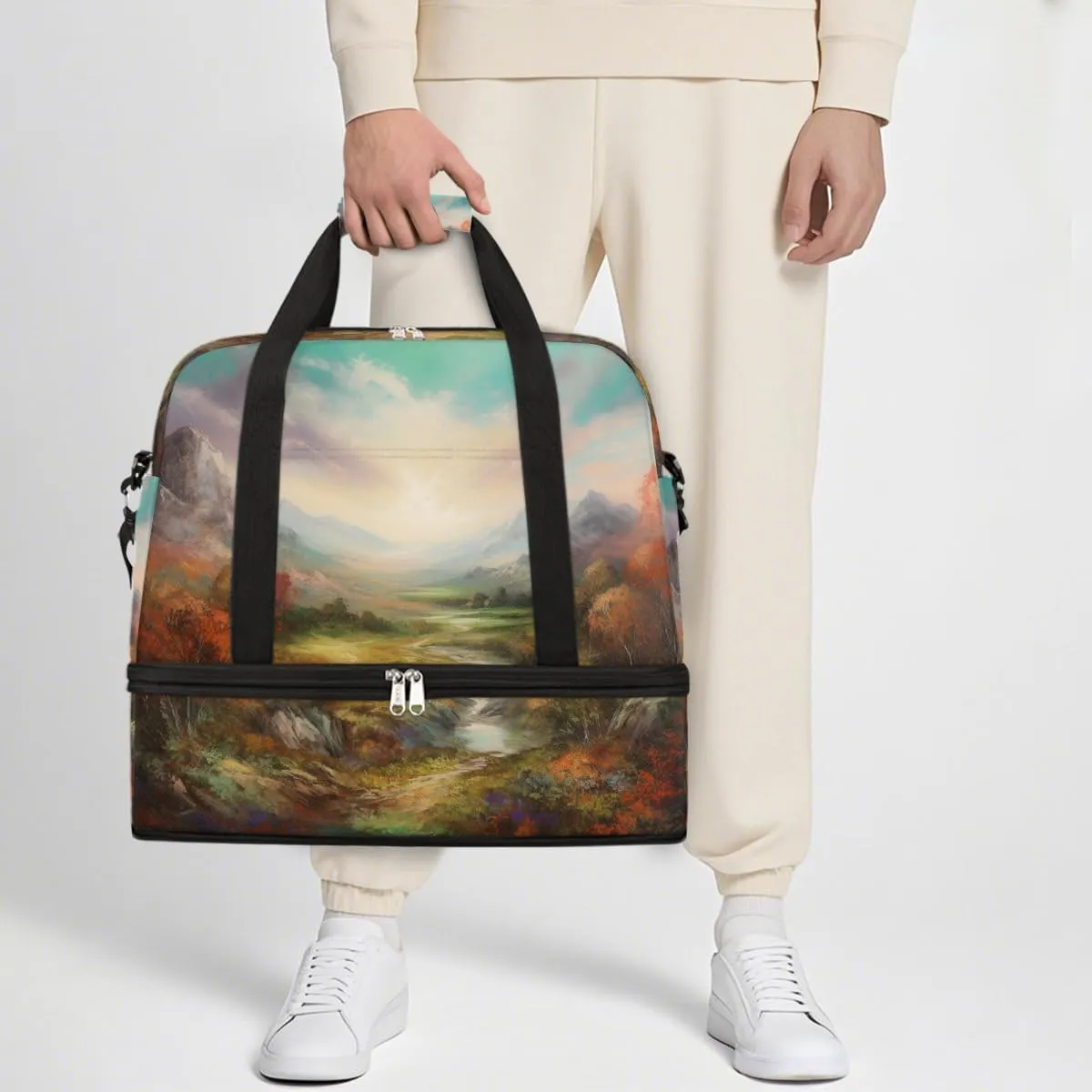 Sports Gym Bag Autumn Oil Painting Landscape Large Travel Duffel Bag With Shoe Compartment Foldable Waterproof Carry-On Weekend Travel Bags for Camping Overnight Yoga Hospital Travel Bags