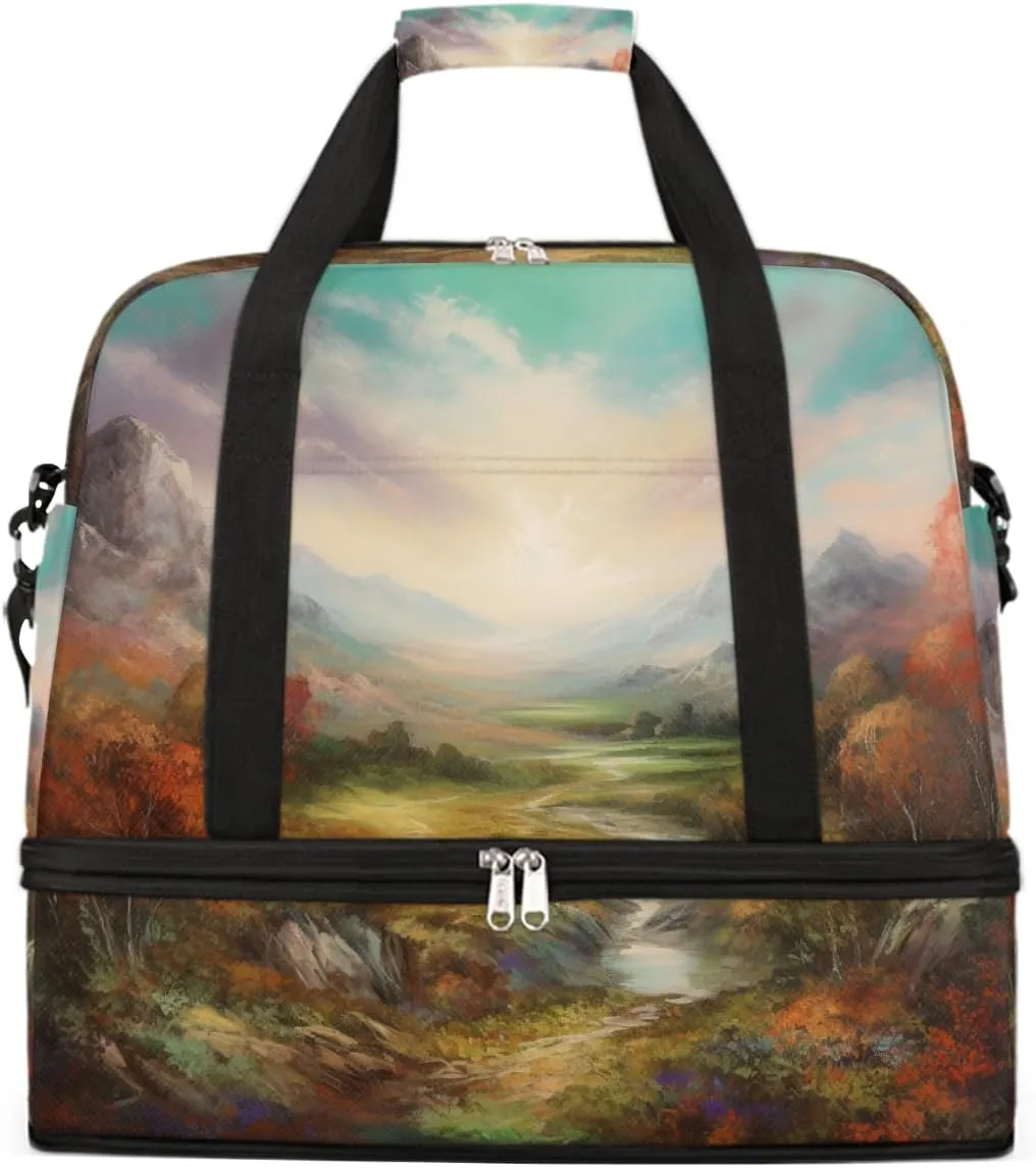 Sports Gym Bag Autumn Oil Painting Landscape Large Travel Duffel Bag With Shoe Compartment Foldable Waterproof Carry-On Weekend Travel Bags for Camping Overnight Yoga Hospital Travel Bags