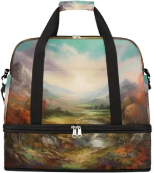 Sports Gym Bag Autumn Oil Painting Landscape Large Travel Duffel Bag With Shoe Compartment Foldable Waterproof Carry-On Weekend Travel Bags for Camping Overnight Yoga Hospital Travel Bags