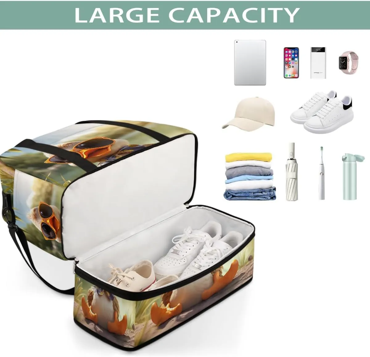 Sports Gym Bag Duck Animal Sunshine Large Travel Duffel Bag With Shoe Compartment Foldable Waterproof Carry-On Weekend Travel Bags for Camping Overnight Yoga Hospital Travel Bags