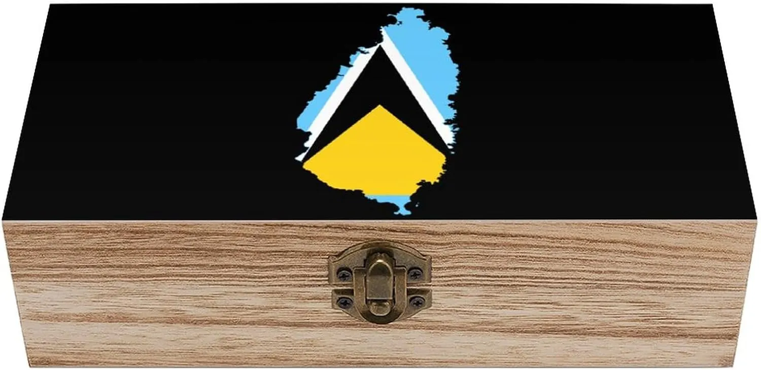 St Lucia Flag Map Wooden Box Decorative Wood Storage Case Cabinet Container with Hinged Lid for Home Office