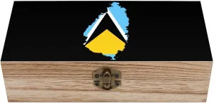 St Lucia Flag Map Wooden Box Decorative Wood Storage Case Cabinet Container with Hinged Lid for Home Office
