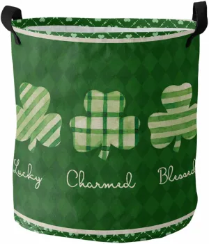 St. Patrick's Day Leaves Laundry Baskets,Green Lucky Clover Collapsible Waterproof Laundry Hamper Dirty Clothes Basket with Handle,Diamond Plaid Storage Bag for Bathroom/Bedroom