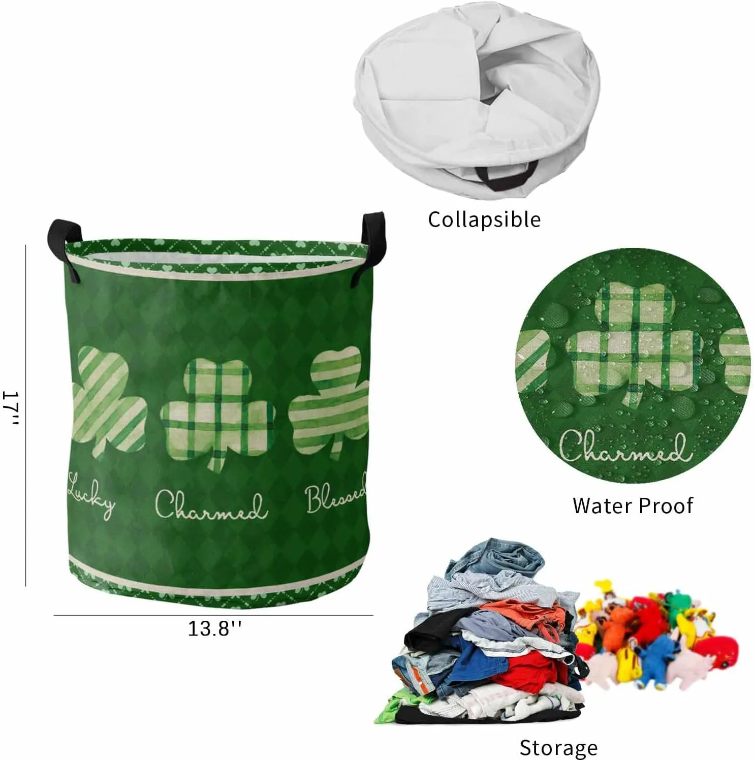 St. Patrick's Day Leaves Laundry Baskets,Green Lucky Clover Collapsible Waterproof Laundry Hamper Dirty Clothes Basket with Handle,Diamond Plaid Storage Bag for Bathroom/Bedroom
