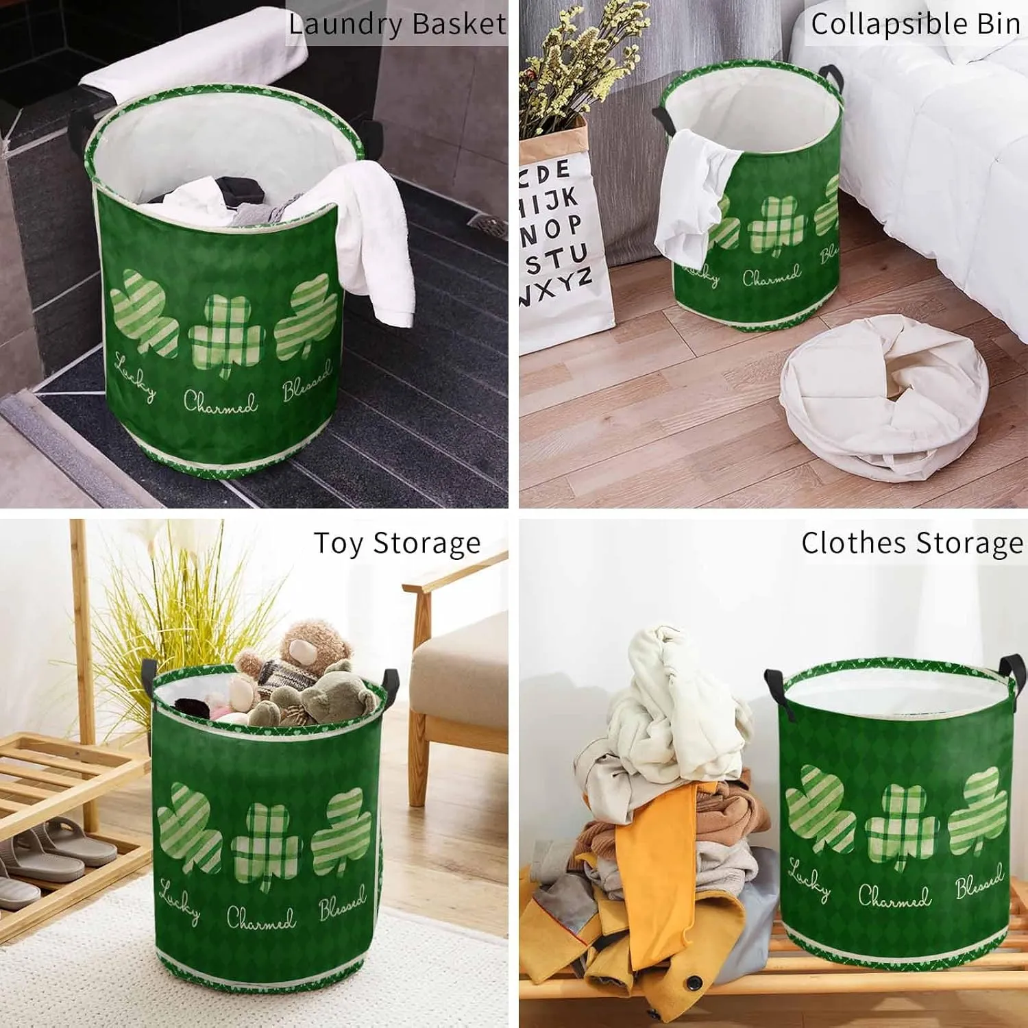 St. Patrick's Day Leaves Laundry Baskets,Green Lucky Clover Collapsible Waterproof Laundry Hamper Dirty Clothes Basket with Handle,Diamond Plaid Storage Bag for Bathroom/Bedroom