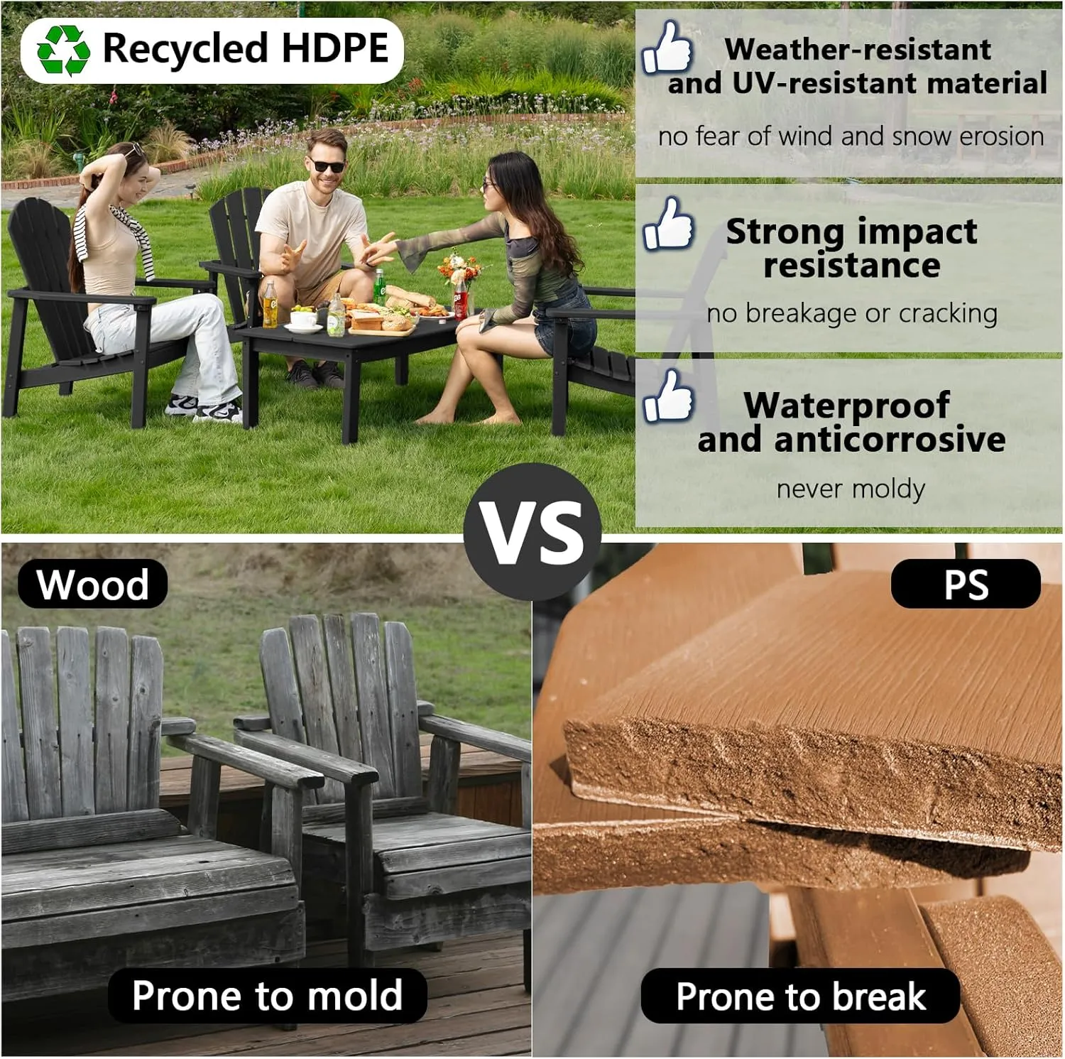 Stackable Adirondack Chair - All-Weather HDPE Outdoor Patio Chair - Durable and Space -Saving Design for Easy Storage - Ideal for Porch, Lawn, or Garden-Black