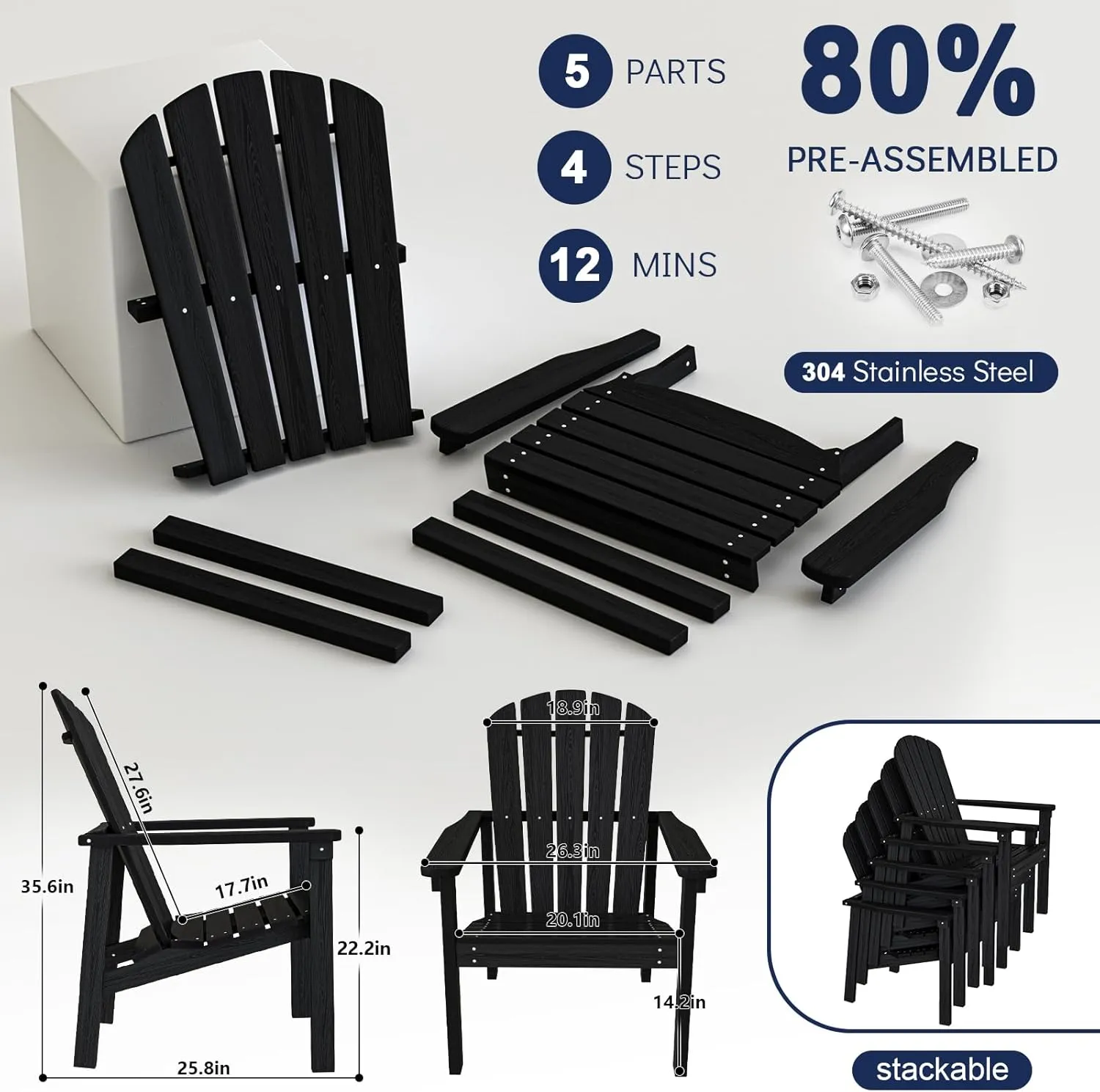 Stackable Adirondack Chair - All-Weather HDPE Outdoor Patio Chair - Durable and Space -Saving Design for Easy Storage - Ideal for Porch, Lawn, or Garden-Black