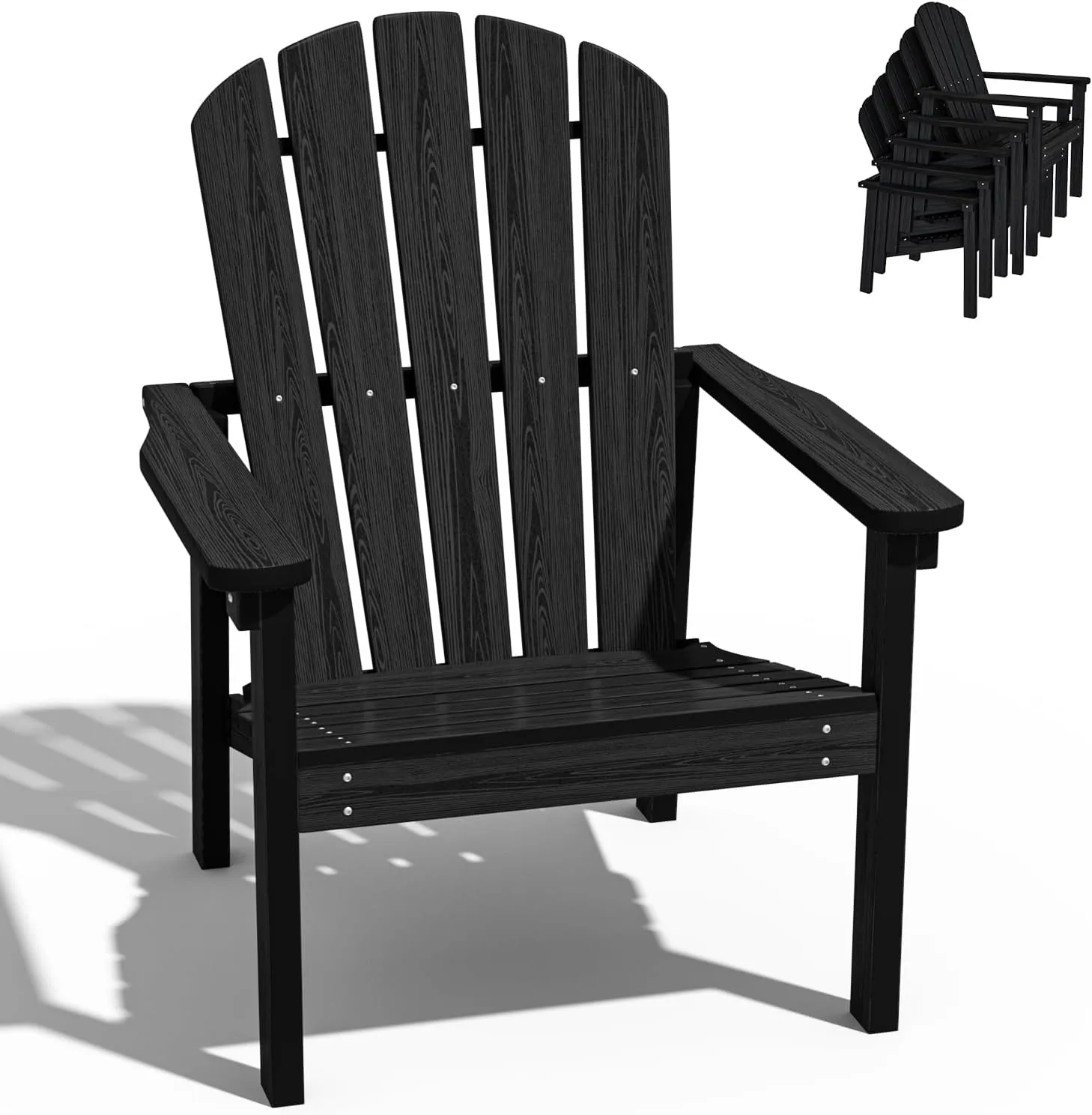 Stackable Adirondack Chair - All-Weather HDPE Outdoor Patio Chair - Durable and Space -Saving Design for Easy Storage - Ideal for Porch, Lawn, or Garden-Black