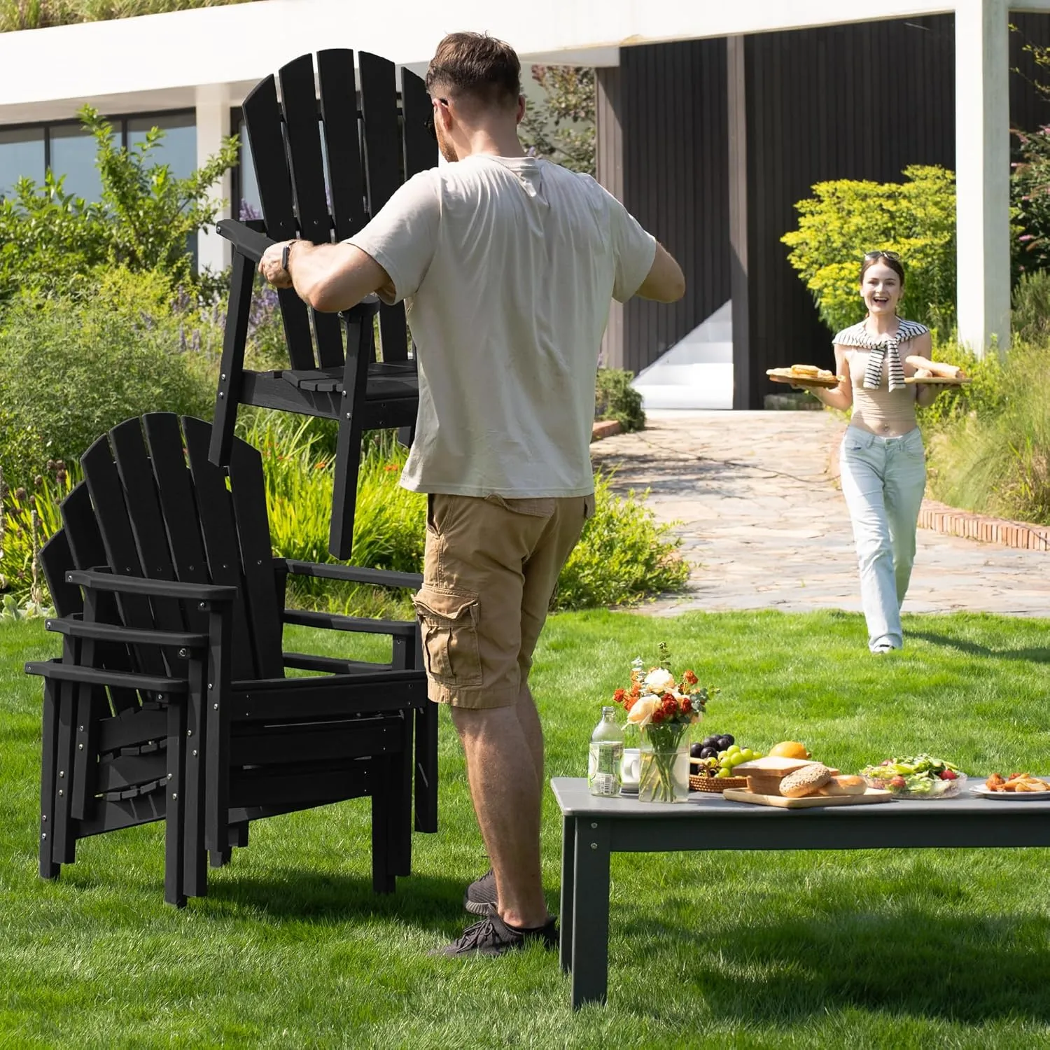 Stackable Adirondack Chair - All-Weather HDPE Outdoor Patio Chair - Durable and Space -Saving Design for Easy Storage - Ideal for Porch, Lawn, or Garden-Black