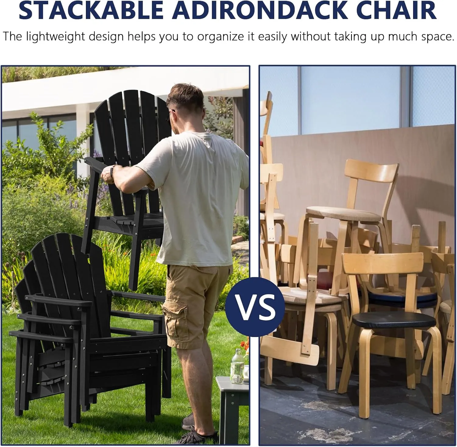 Stackable Adirondack Chair - All-Weather HDPE Outdoor Patio Chair - Durable and Space -Saving Design for Easy Storage - Ideal for Porch, Lawn, or Garden-Black