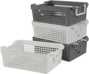 Stackable Plastic Storage Baskets/Bins Organizer with Handles, Set of 4 (White, Grey)