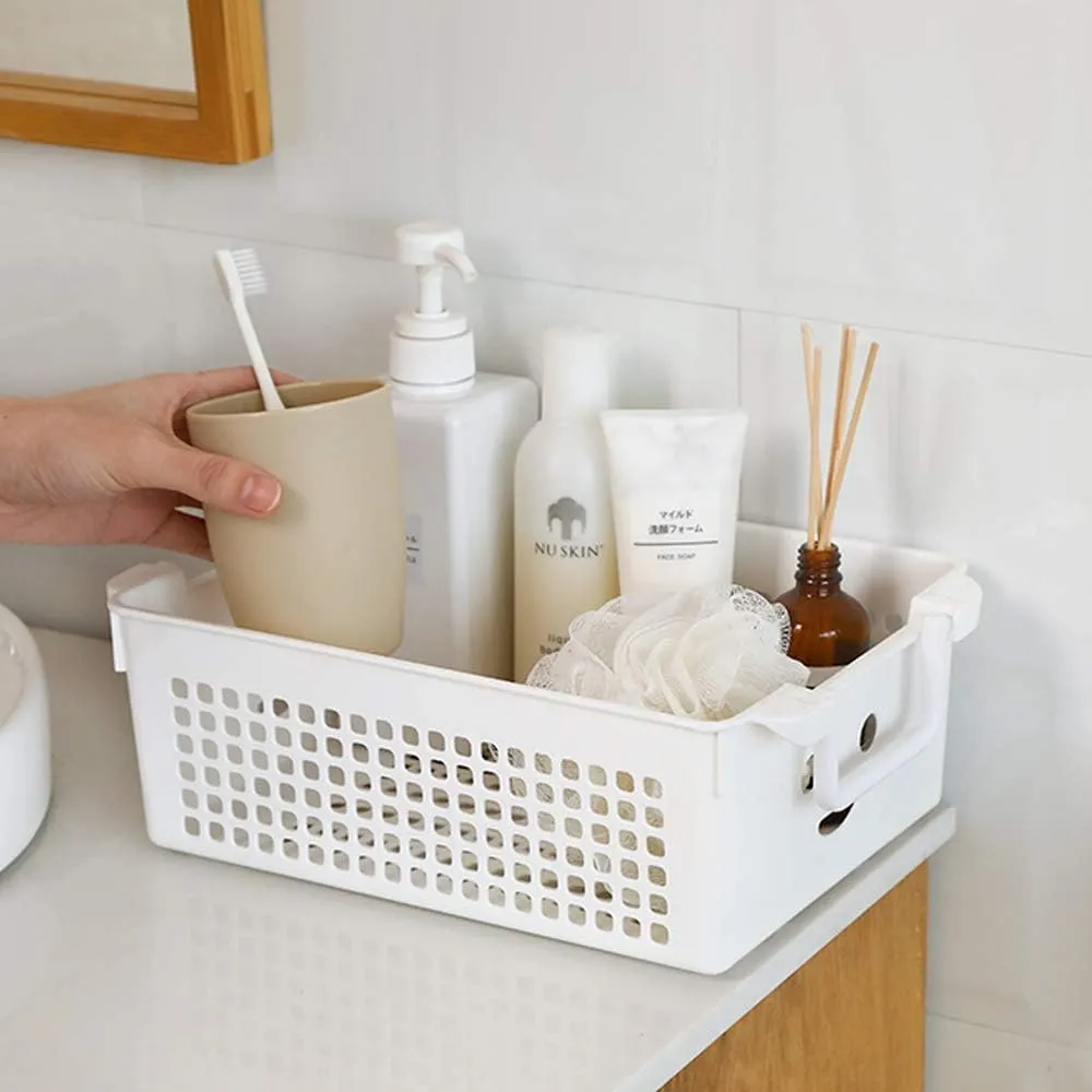 Stackable Plastic Storage Baskets/Bins Organizer with Handles, Set of 4 (White, Grey)