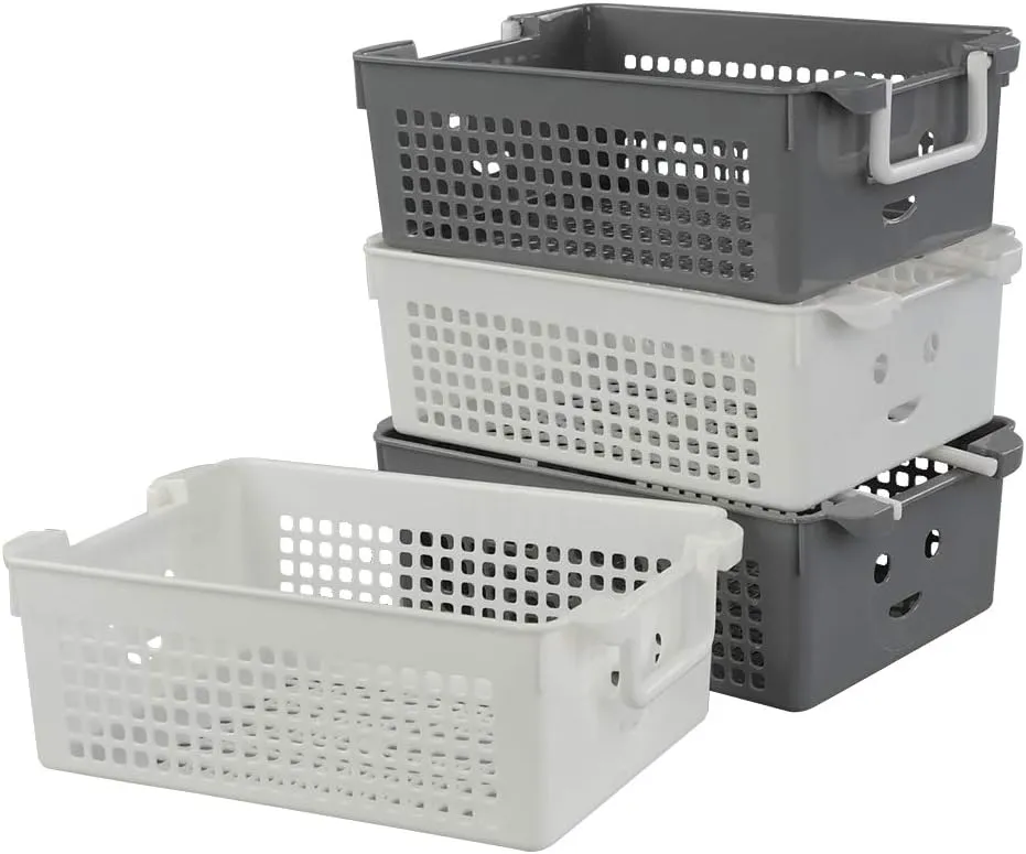 Stackable Plastic Storage Baskets/Bins Organizer with Handles, Set of 4 (White, Grey)