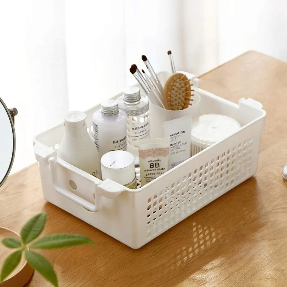 Stackable Plastic Storage Baskets/Bins Organizer with Handles, Set of 4 (White, Grey)