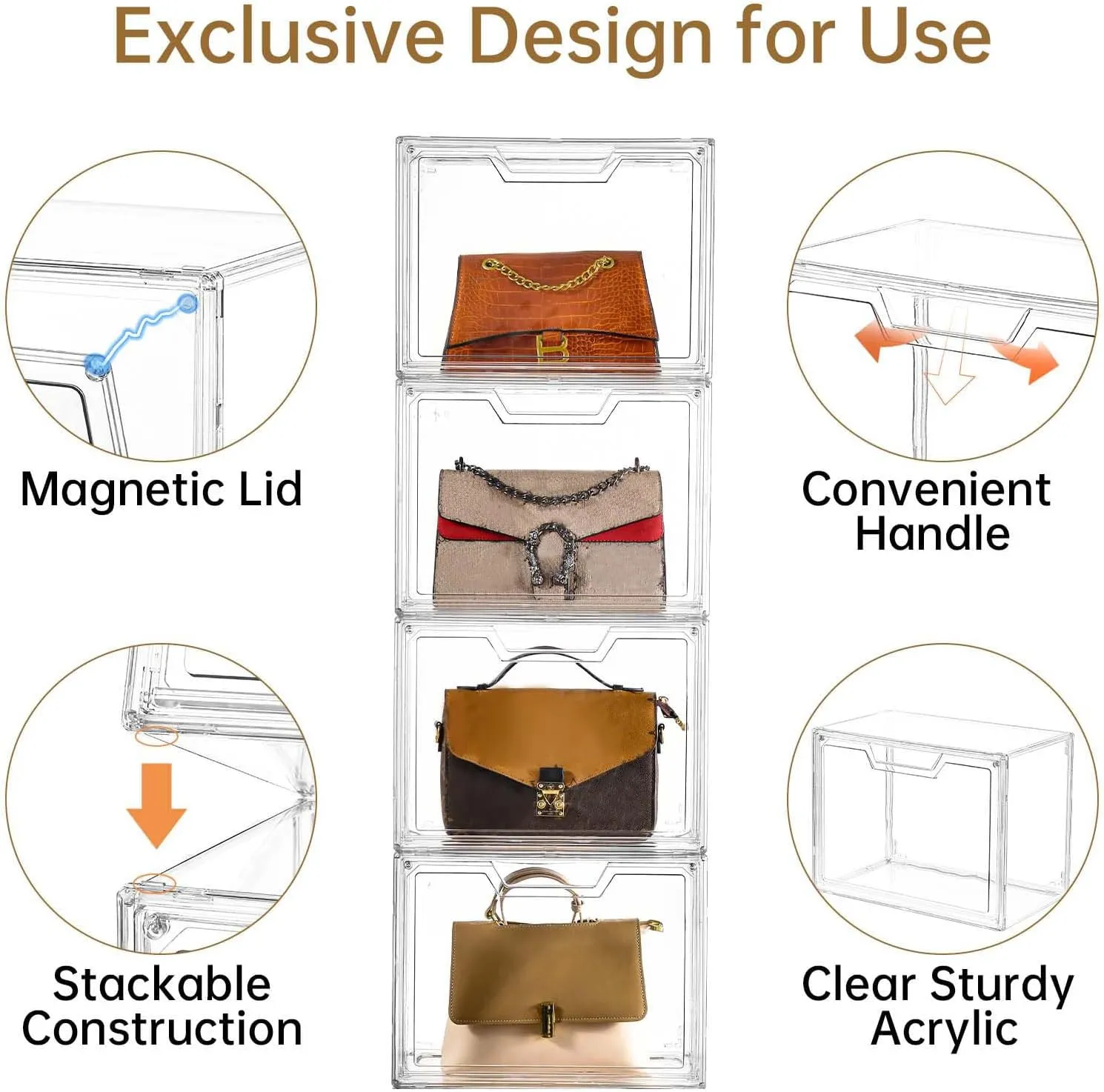 Stackable Storage Bins, Clear Acrylic Display Case, 5-Pack Acrylic Boxes with Lids, Clear Storage Containers Storage for Handbags, Collectibles & Figures